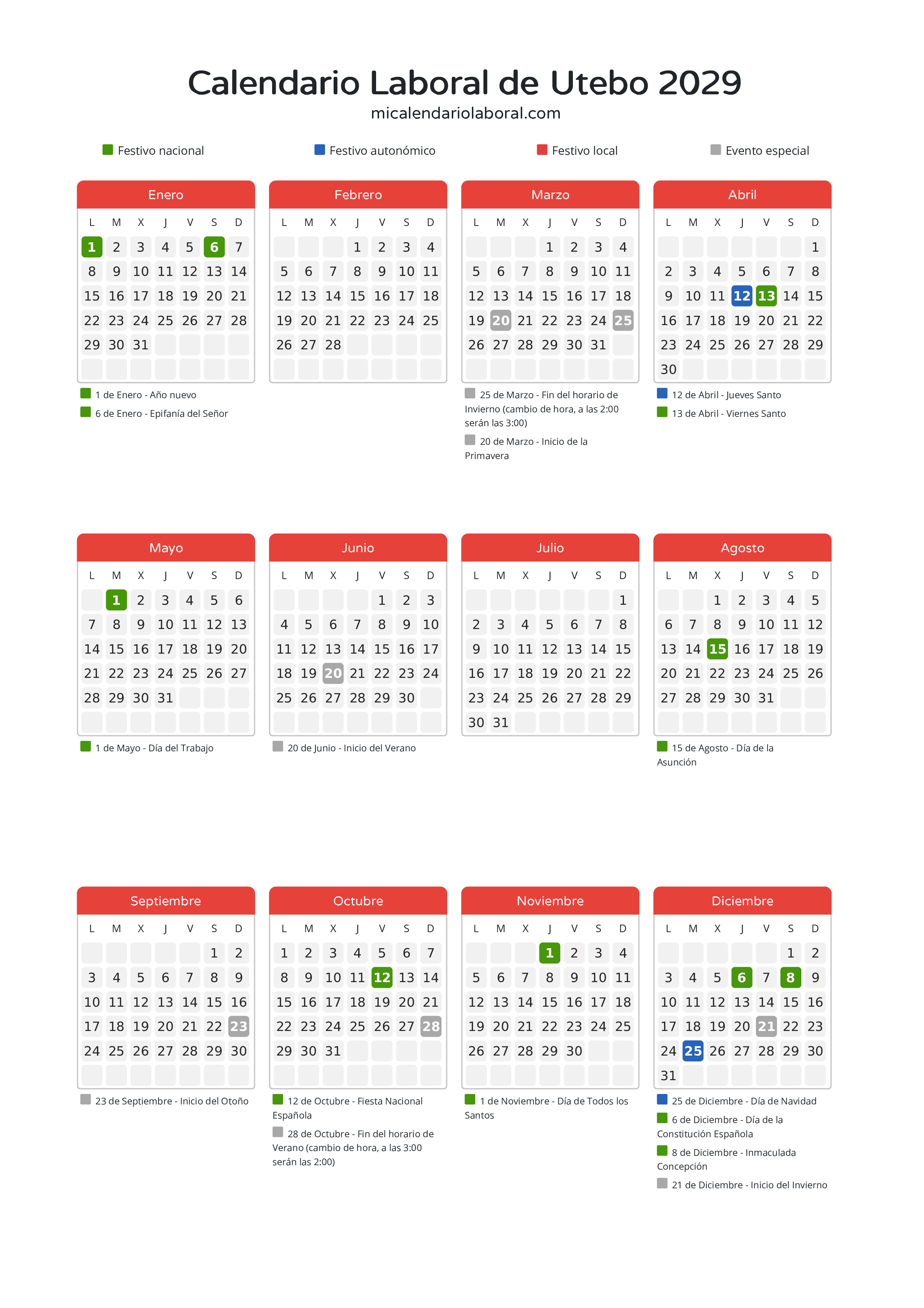 Calendario Laboral de Utebo 2029 - Días festivos - Descubre todos los festivos, días no laborables y días inhábiles en el calendario de Utebo propuestos por Gobierno de Aragón. Organiza tus vacaciones y puentes en 2029.