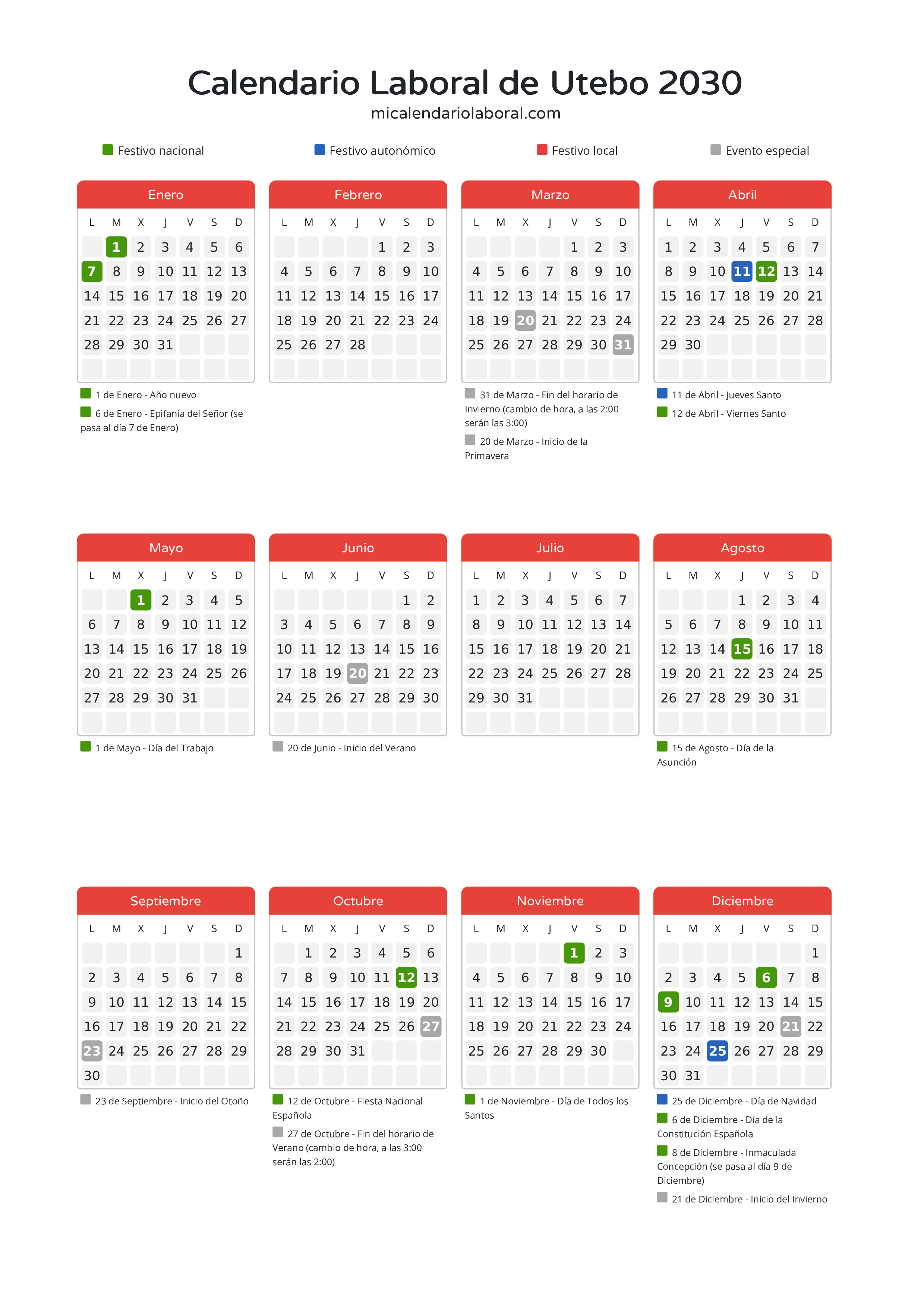 Calendario Laboral de Utebo 2030 - Días festivos - Todos los festivos y días no laborables del calendario de Utebo propuestos por Gobierno de Aragón. Organiza tus vacaciones y puentes en 2030.