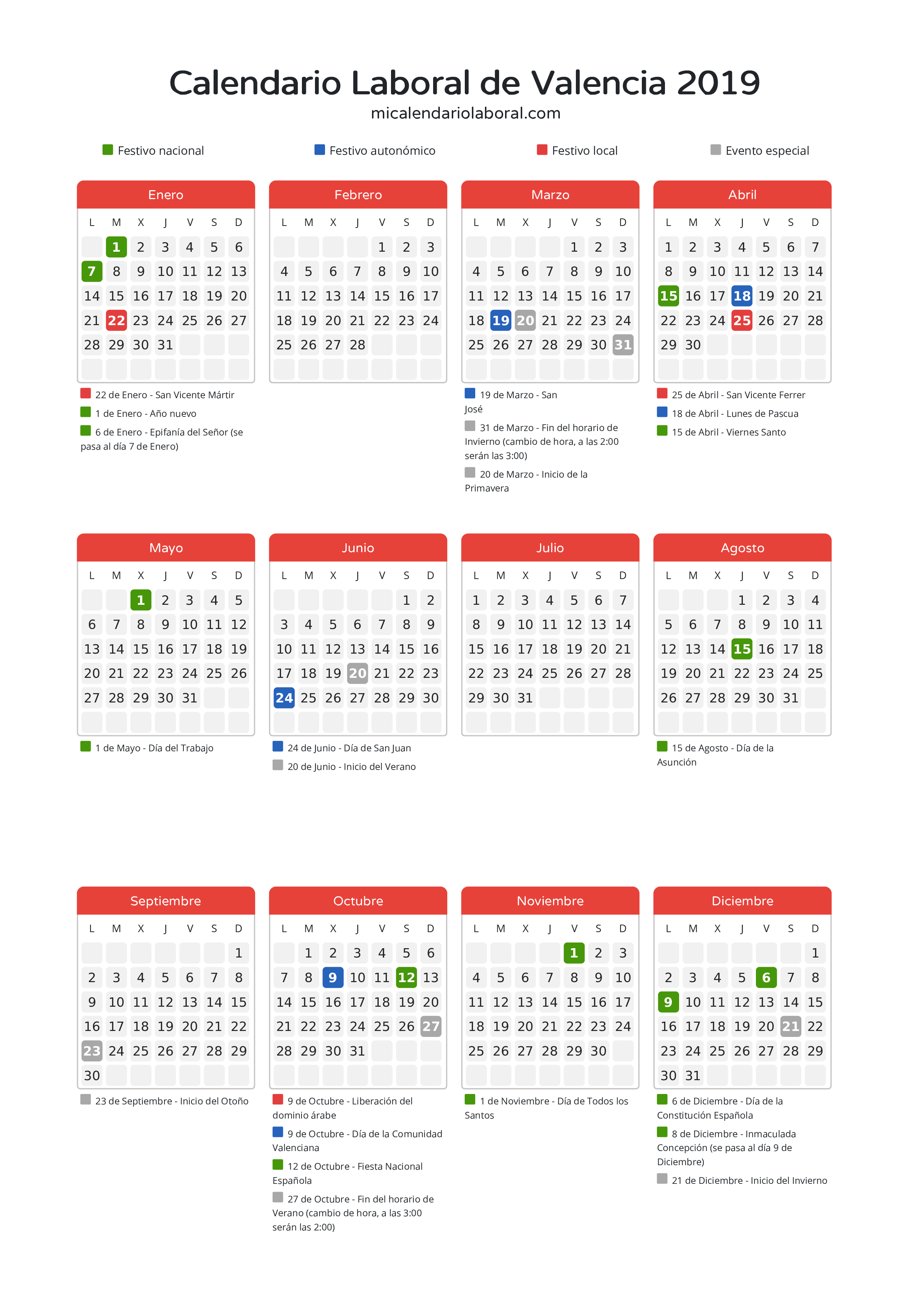 Calendario Laboral de Valencia 2019 - Días festivos - Descubre todos los festivos, días no laborables y días inhábiles en el calendario de la provincia de Valencia propuestos por Generalitat Valenciana. Anticípate a los eventos y organiza tus vacaciones y puentes en 2019.