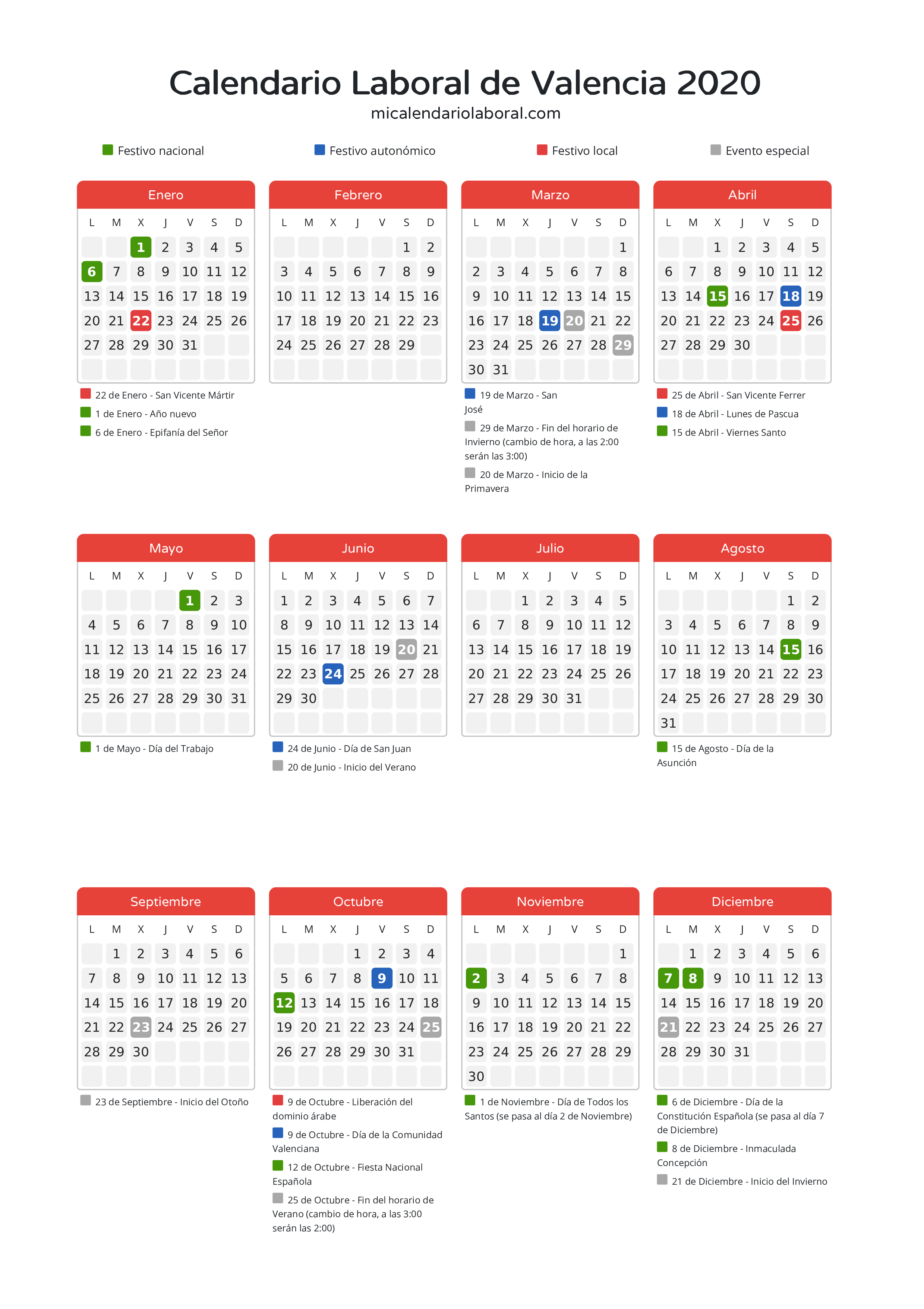 Calendario Laboral de Valencia 2020 - Días festivos - Descubre todos los festivos, días no laborables y días inhábiles en el calendario de Valencia propuestos por Generalitat Valenciana. Organiza tus vacaciones y puentes en 2020.
