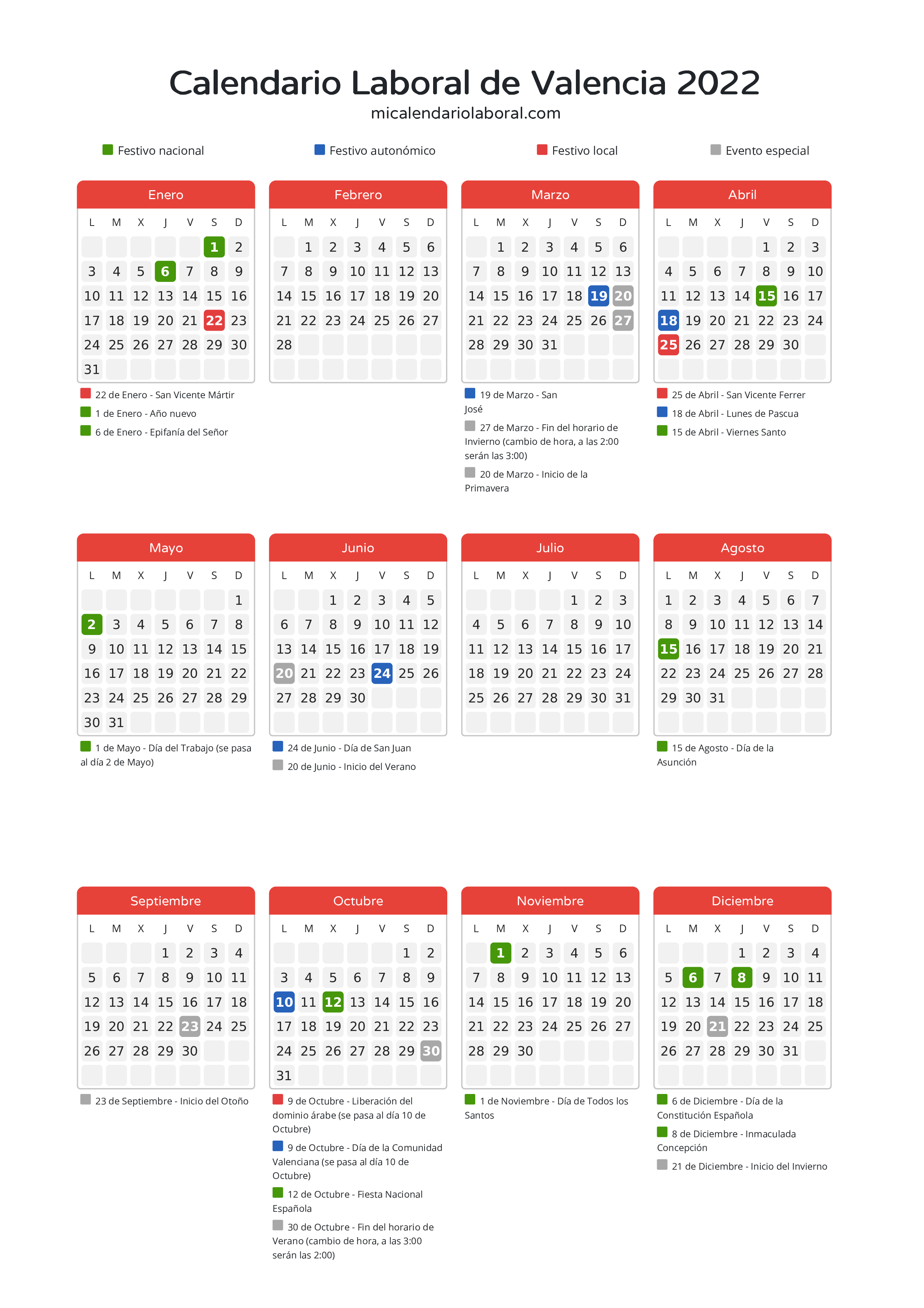Calendario Laboral de Valencia 2022 - Días festivos - Descubre todos los festivos, días no laborables y días inhábiles en el calendario de la provincia de Valencia propuestos por Generalitat Valenciana. Anticípate a los eventos y organiza tus vacaciones y puentes en 2022.