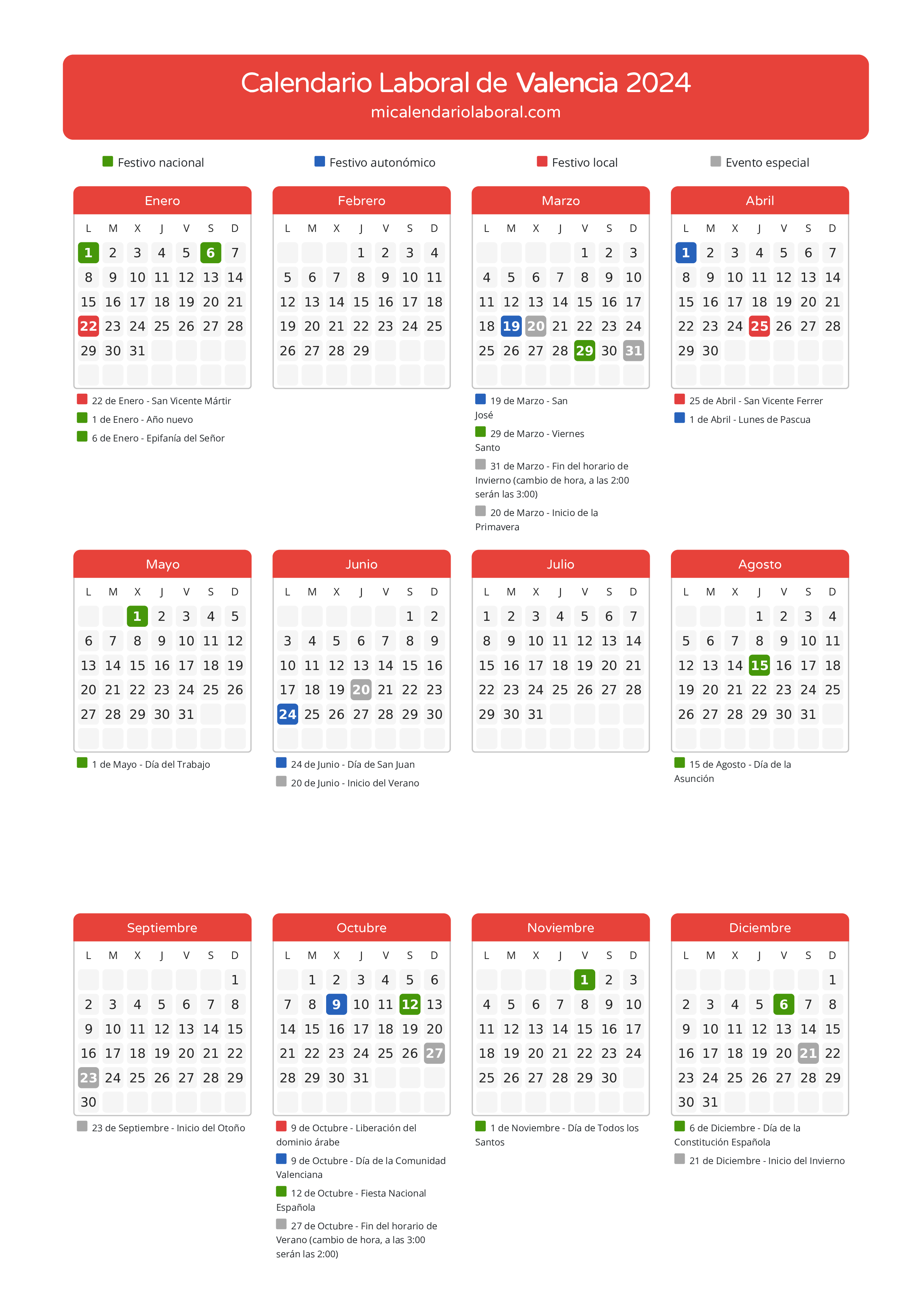 Calendario Laboral de Valencia 2024 - Días festivos - Descubre todos los días festivos, no laborables y días inhábiles del calendario de la provincia de Valencia para el año 2024. Tu guía completa de fechas importantes.