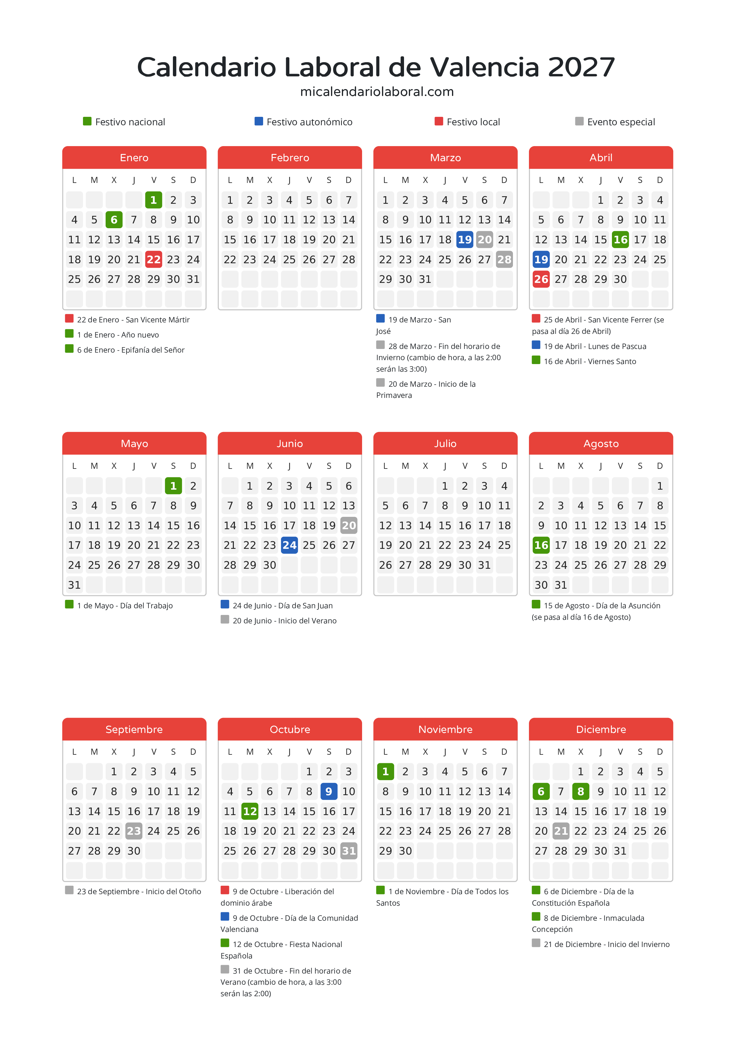 Calendario Laboral de Valencia 2027 - Días festivos - Descubre todos los festivos, días no laborables y días inhábiles en el calendario de la provincia de Valencia propuestos por Generalitat Valenciana. Anticípate a los eventos y organiza tus vacaciones y puentes en 2027.