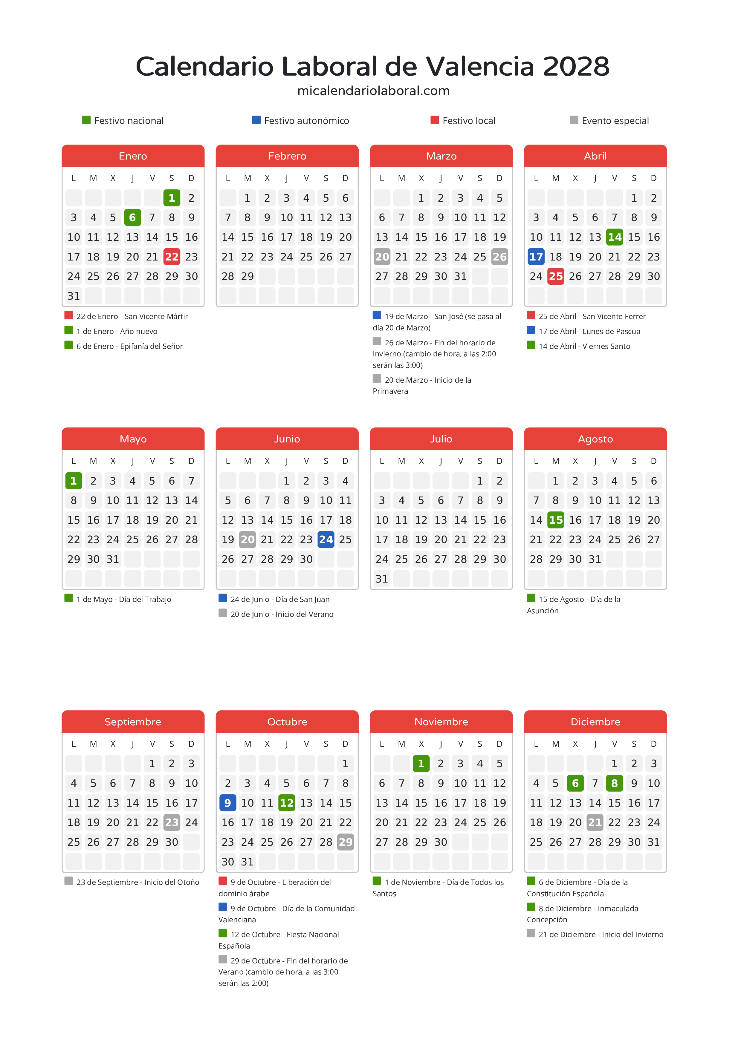 Calendario Laboral de Valencia 2028 - Días festivos - Descubre todos los festivos, días no laborables y días inhábiles en el calendario de la provincia de Valencia propuestos por Generalitat Valenciana. Anticípate a los eventos y organiza tus vacaciones y puentes en 2028.
