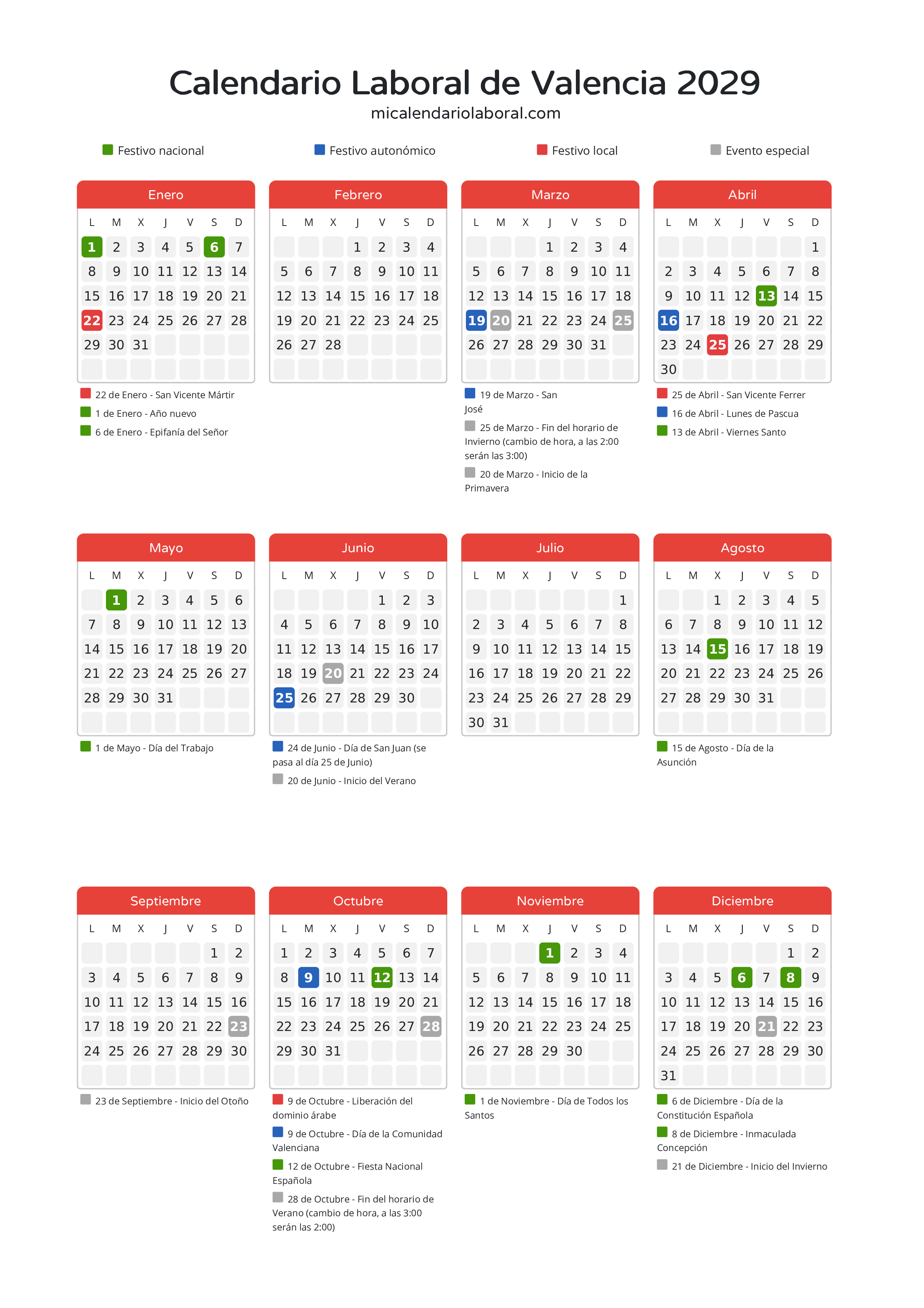 Calendario Laboral de Valencia 2029 - Días festivos - Descubre todos los festivos, días no laborables y días inhábiles en el calendario de la provincia de Valencia propuestos por Generalitat Valenciana. Anticípate a los eventos y organiza tus vacaciones y puentes en 2029.