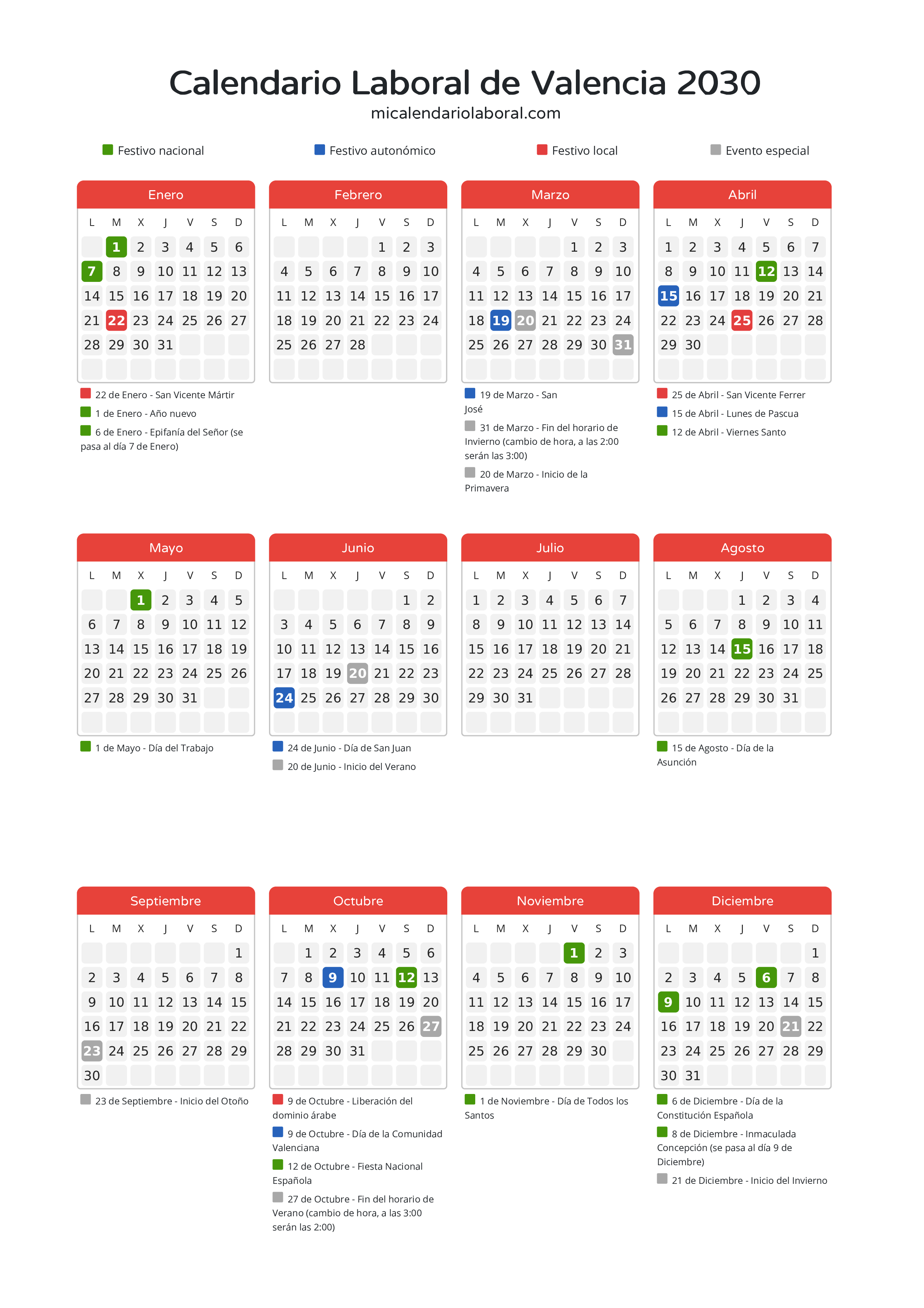Calendario Laboral de Valencia 2030 - Días festivos - Todos los festivos y días no laborables del calendario de Valencia propuestos por Generalitat Valenciana. Organiza tus vacaciones y puentes en 2030.
