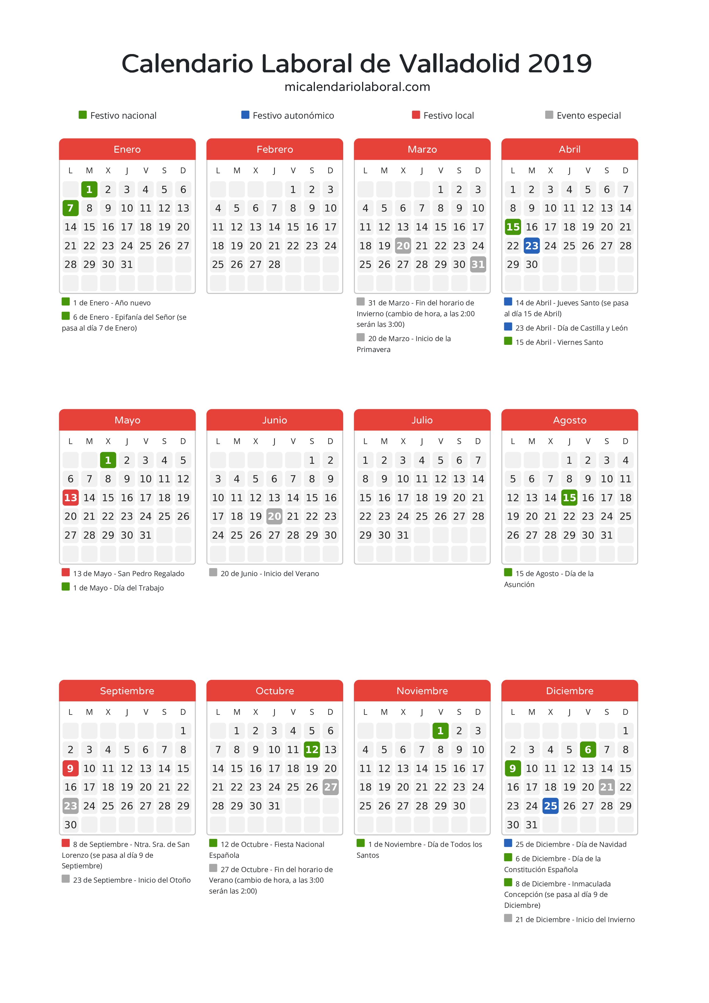 Calendario Laboral de Valladolid 2019 - Días festivos - Descubre todos los festivos, días no laborables y días inhábiles en el calendario de Valladolid propuestos por Junta de Castilla y León. Organiza tus vacaciones y puentes en 2019.