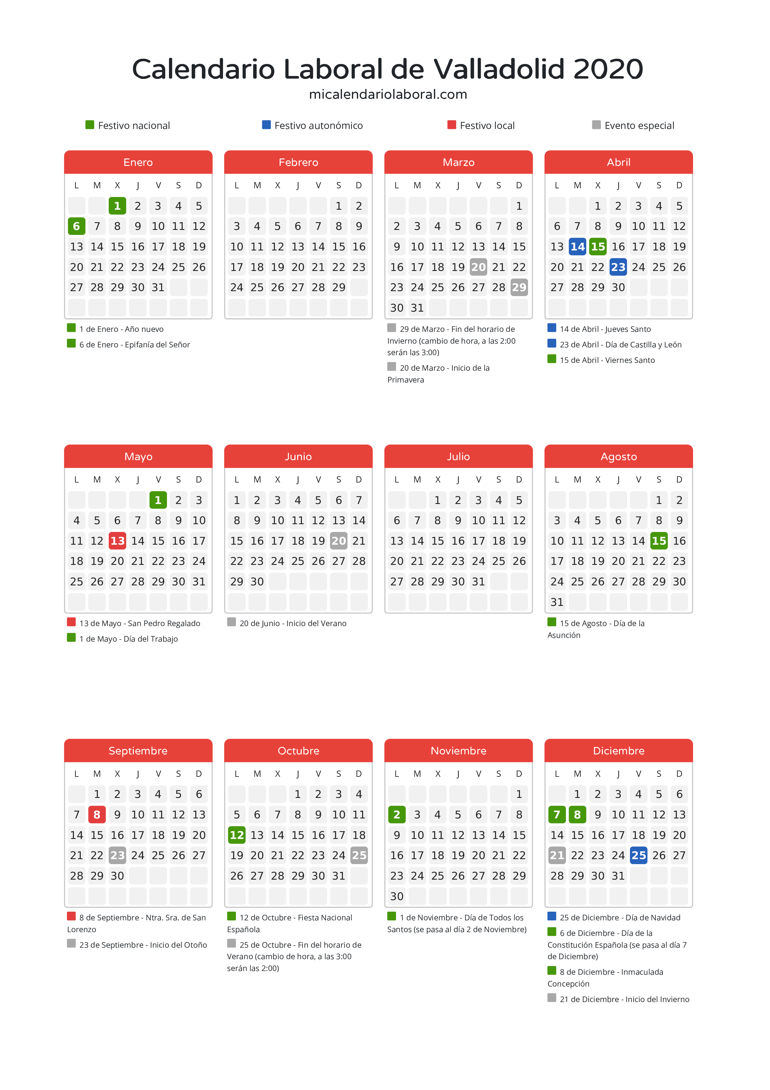 Calendario Laboral de Valladolid 2020 - Días festivos - Descubre todos los festivos, días no laborables y días inhábiles en el calendario de Valladolid propuestos por Junta de Castilla y León. Organiza tus vacaciones y puentes en 2020.