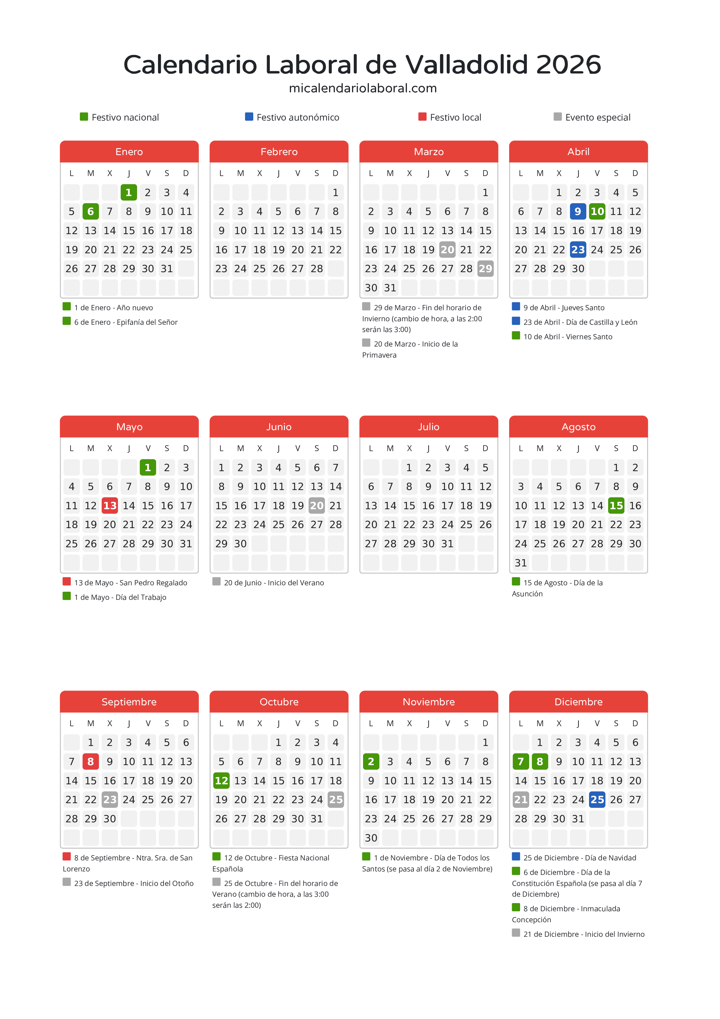 Calendario Laboral de Valladolid 2026 - Días festivos - Descubre todos los festivos, días no laborables y días inhábiles en el calendario de Valladolid propuestos por Junta de Castilla y León. Organiza tus vacaciones y puentes en 2026.