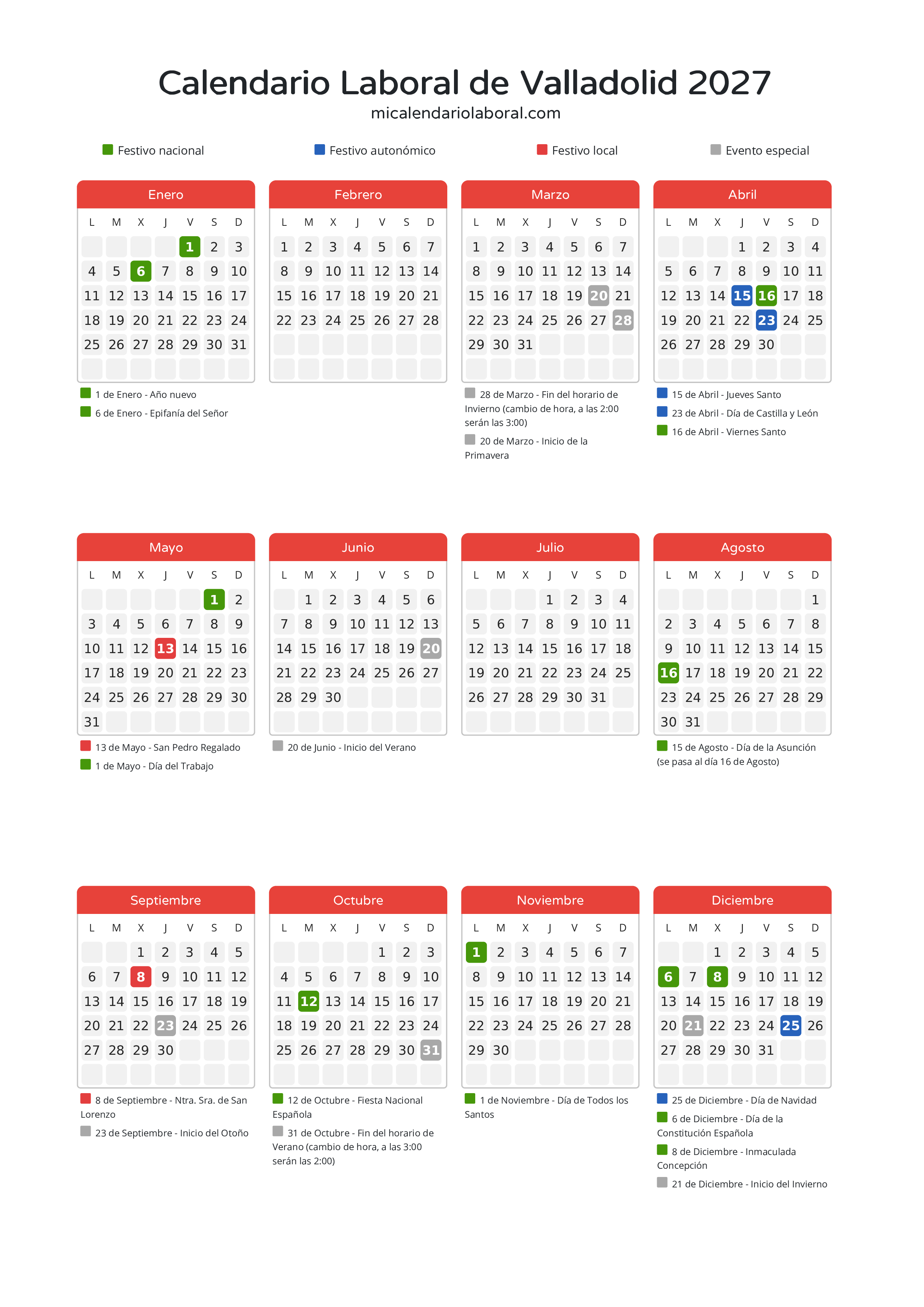 Calendario Laboral de Valladolid 2027 - Días festivos - Descubre todos los festivos, días no laborables y días inhábiles en el calendario de Valladolid propuestos por Junta de Castilla y León. Organiza tus vacaciones y puentes en 2027.