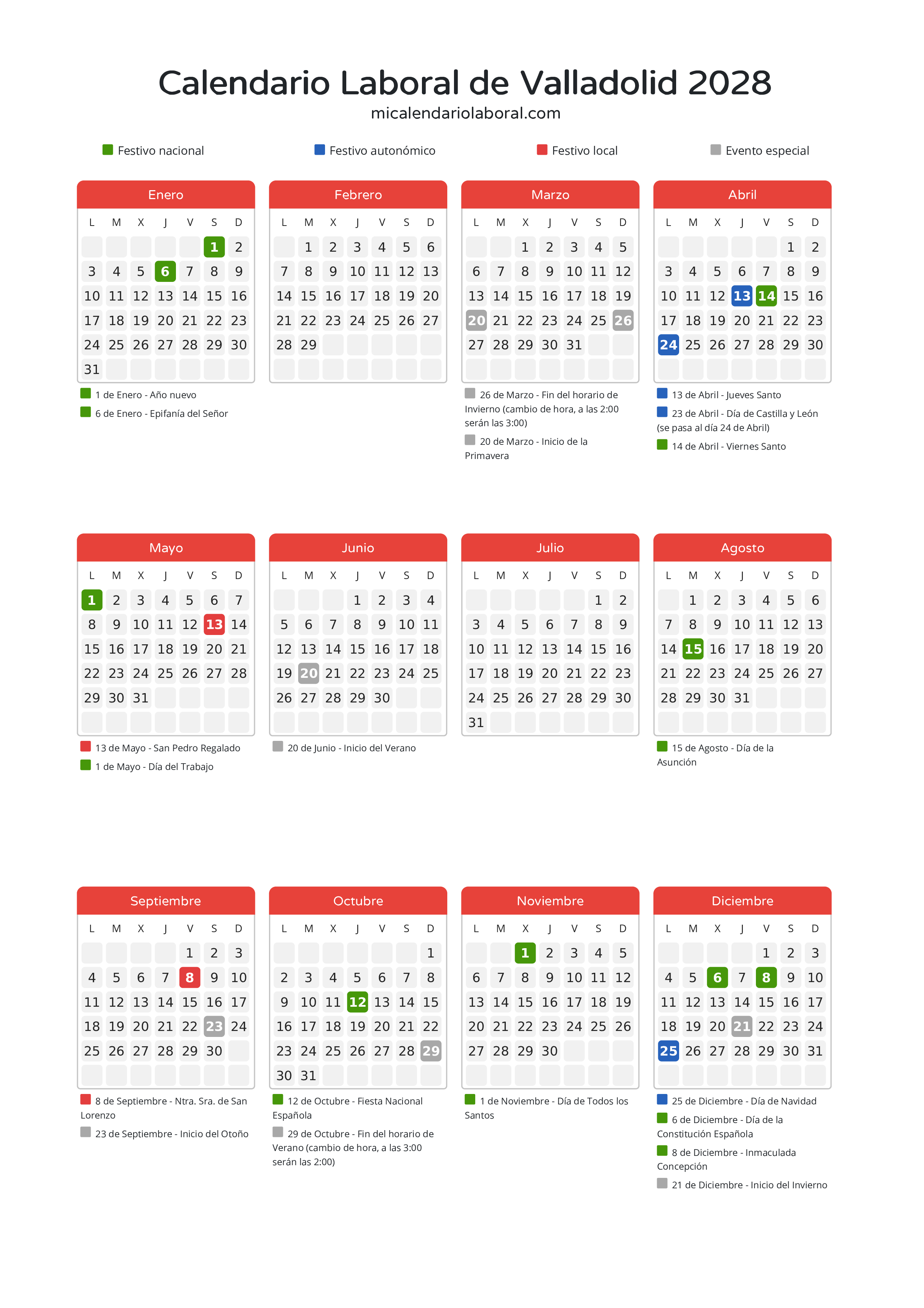 Calendario Laboral de Valladolid 2028 - Días festivos - Descubre todos los festivos, días no laborables y días inhábiles en el calendario de Valladolid propuestos por Junta de Castilla y León. Organiza tus vacaciones y puentes en 2028.