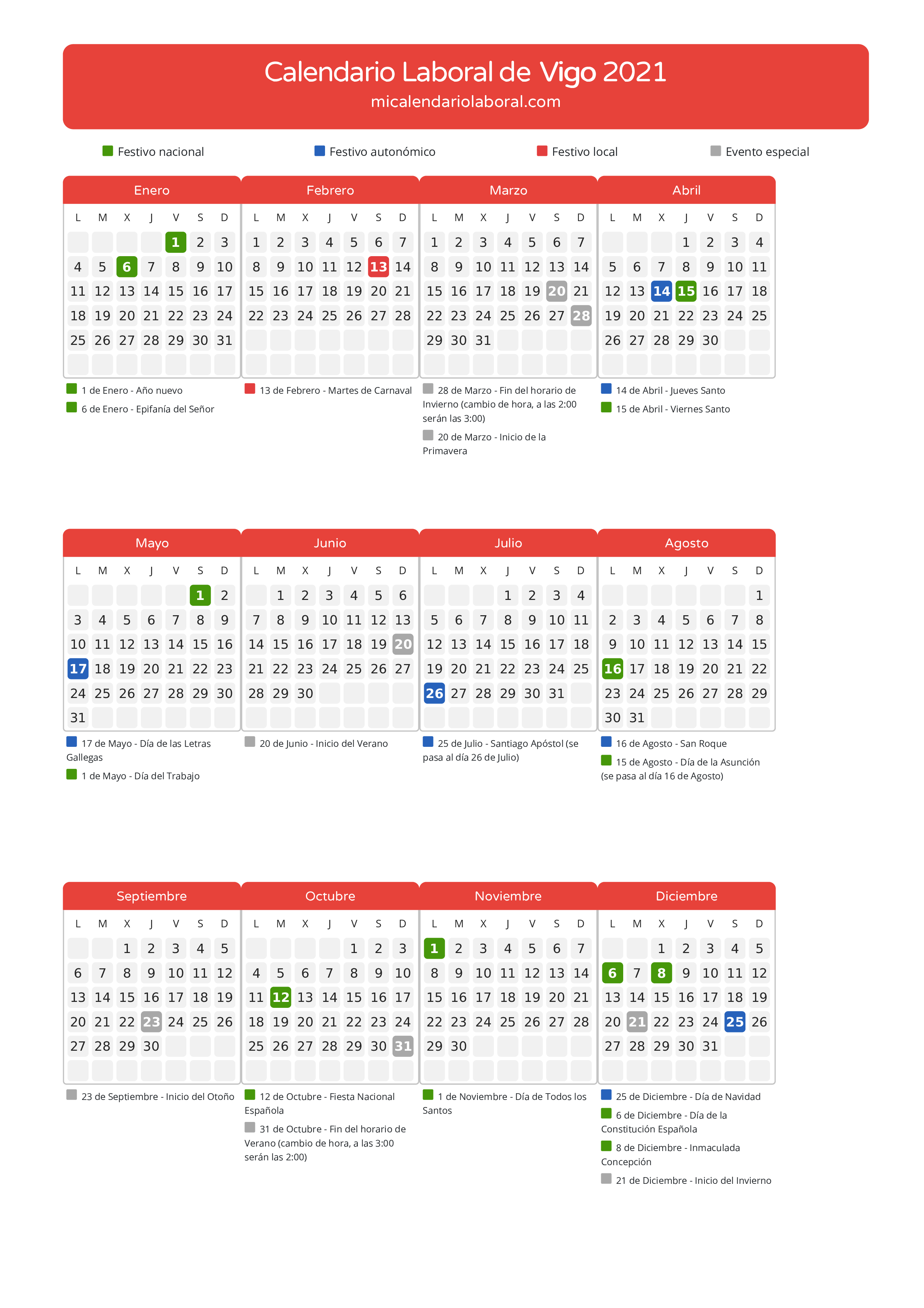 Calendario Laboral de Vigo 2021 - Días festivos - Descubre todos los festivos, días no laborables y días inhábiles en el calendario de Vigo propuestos por Xunta de Galicia. Organiza tus vacaciones y puentes en 2021.