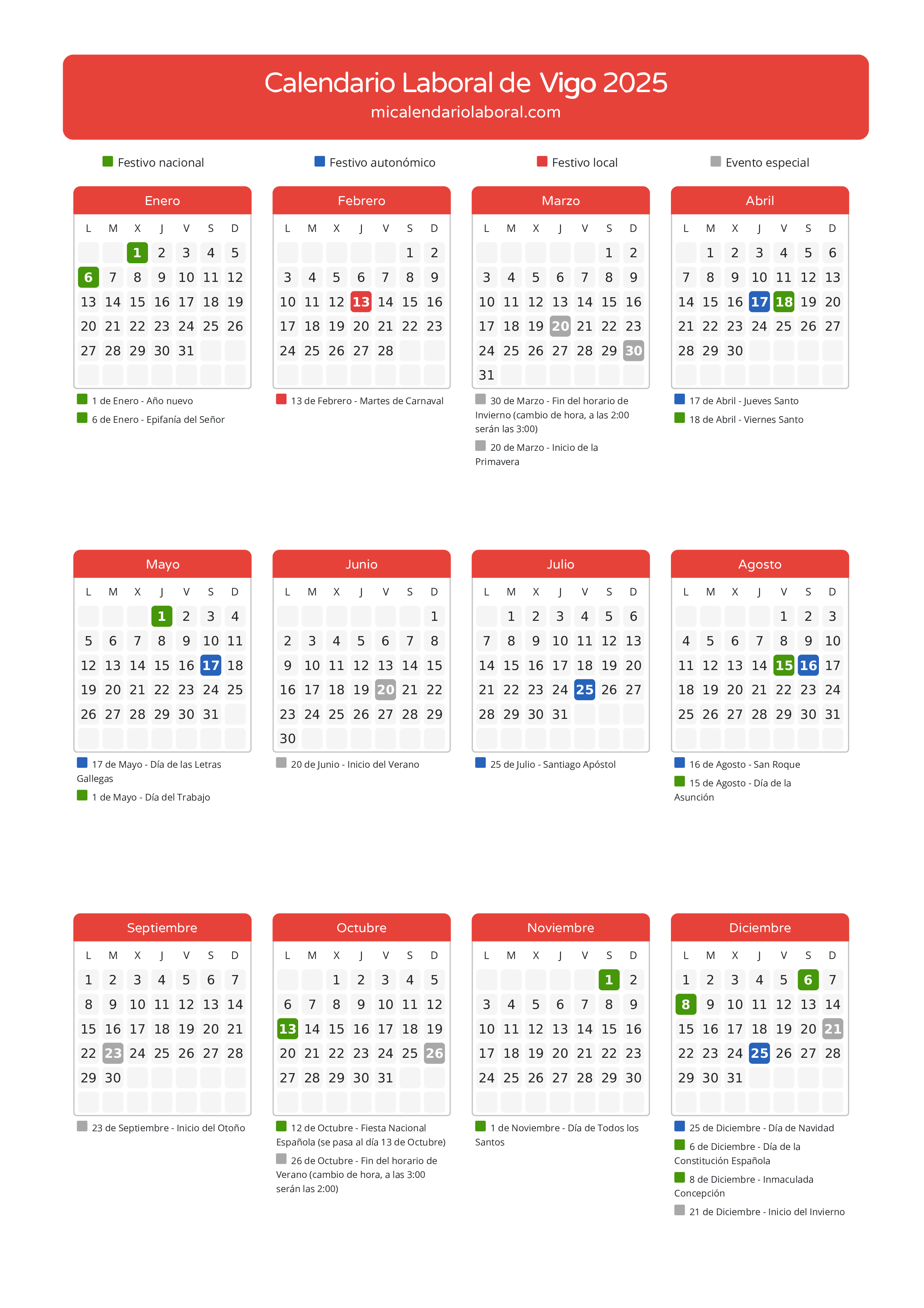 Calendario Laboral de Vigo 2025 - Días festivos - Aquí tienes todos los días festivos, no laborables y días inhábiles de la provincia del calendario de Vigo del año 2025