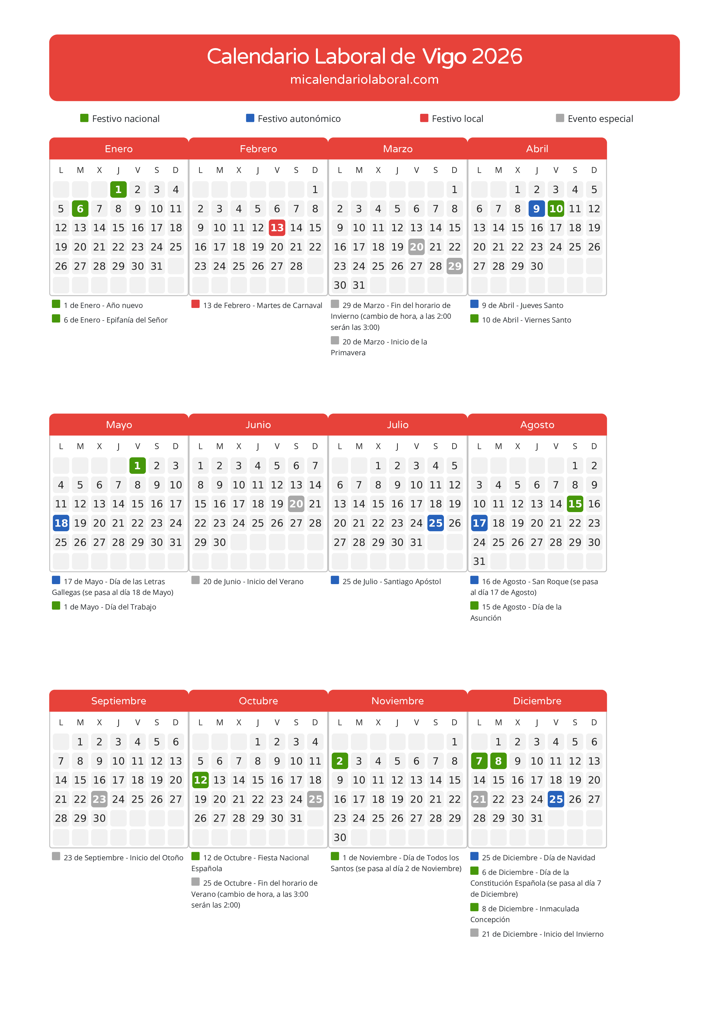 Calendario Laboral de Vigo 2026 - Días festivos - Descubre todos los festivos, días no laborables y días inhábiles en el calendario de Vigo propuestos por Xunta de Galicia. Organiza tus vacaciones y puentes en 2026.