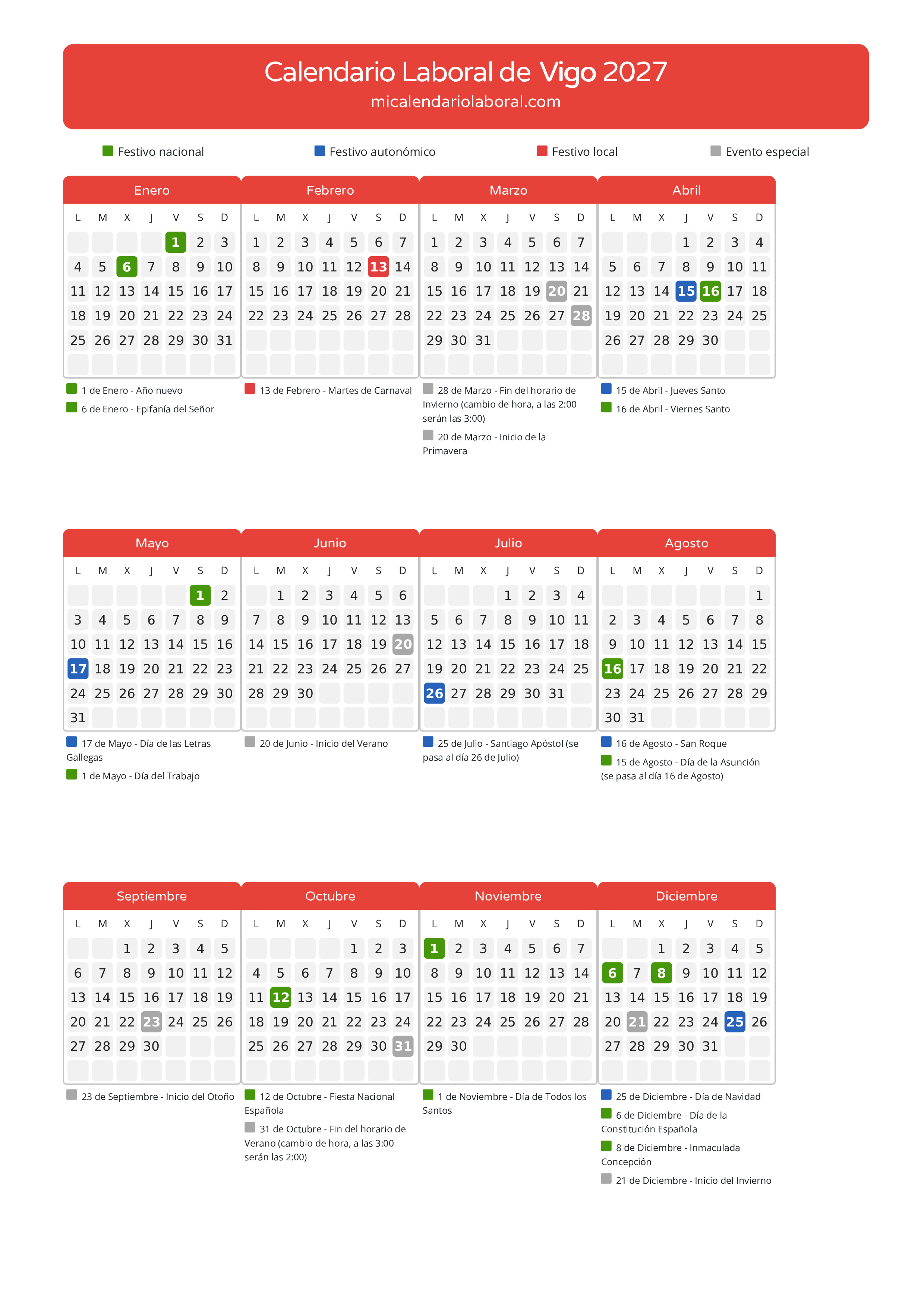 Calendario Laboral de Vigo 2027 - Días festivos - Descubre todos los festivos, días no laborables y días inhábiles en el calendario de Vigo propuestos por Xunta de Galicia. Organiza tus vacaciones y puentes en 2027.