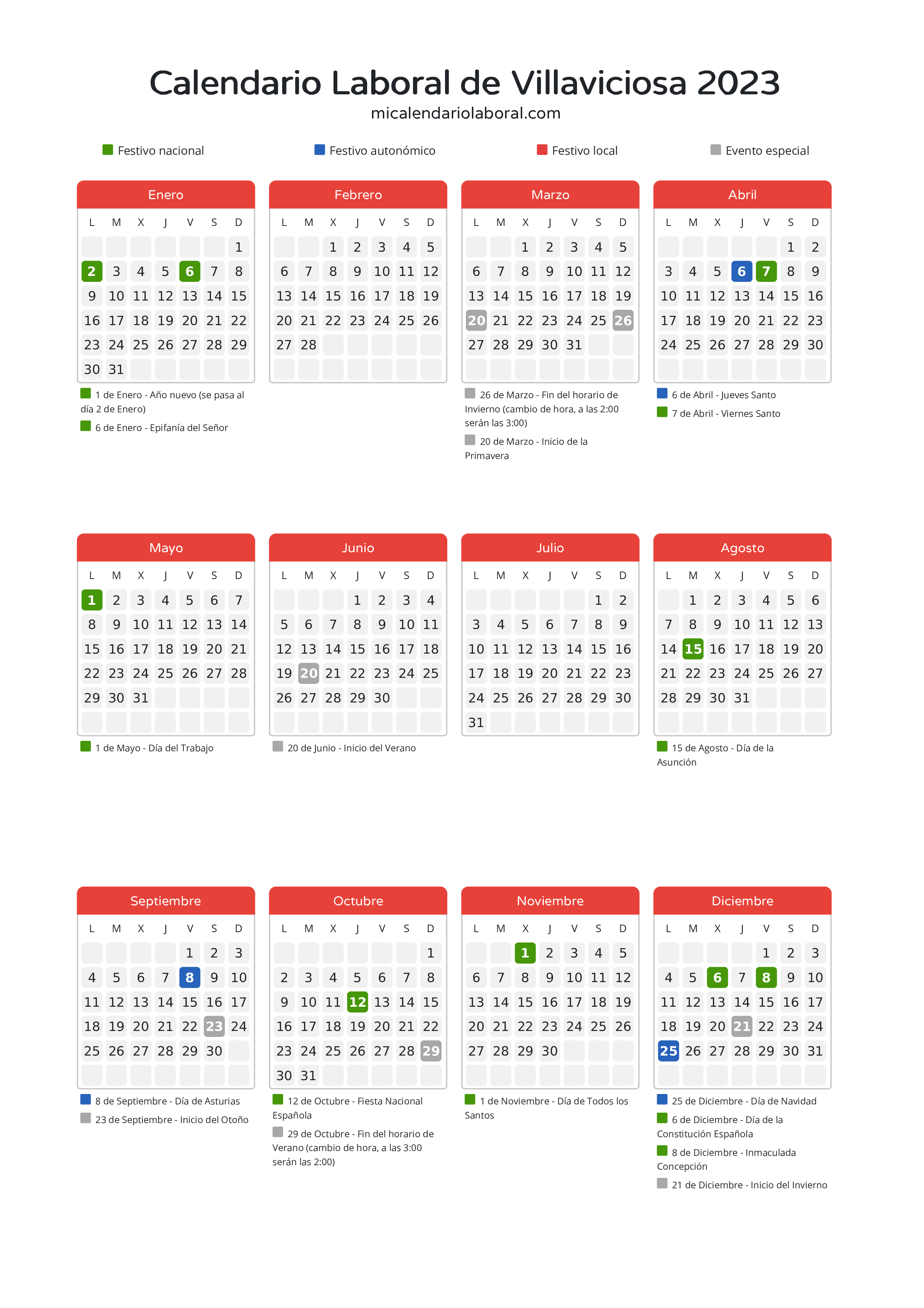 Calendario Laboral de Villaviciosa 2023 - Días festivos - Aquí tienes todos los días festivos, no laborables y días inhábiles de la provincia del calendario de Villaviciosa del año 2023