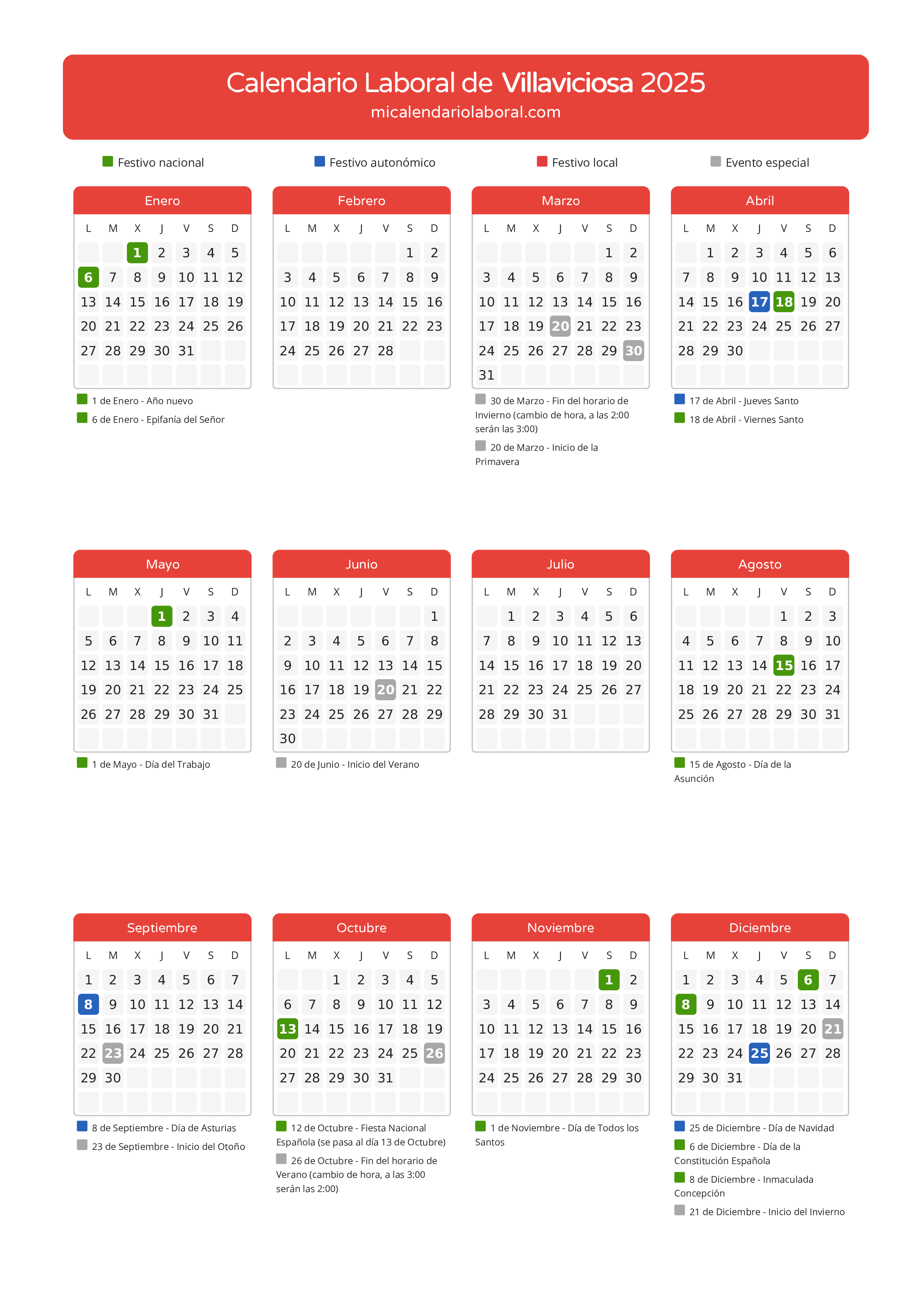 Calendario Laboral de Villaviciosa 2025 - Días festivos - Aquí tienes todos los días festivos, no laborables y días inhábiles de la provincia del calendario de Villaviciosa del año 2025