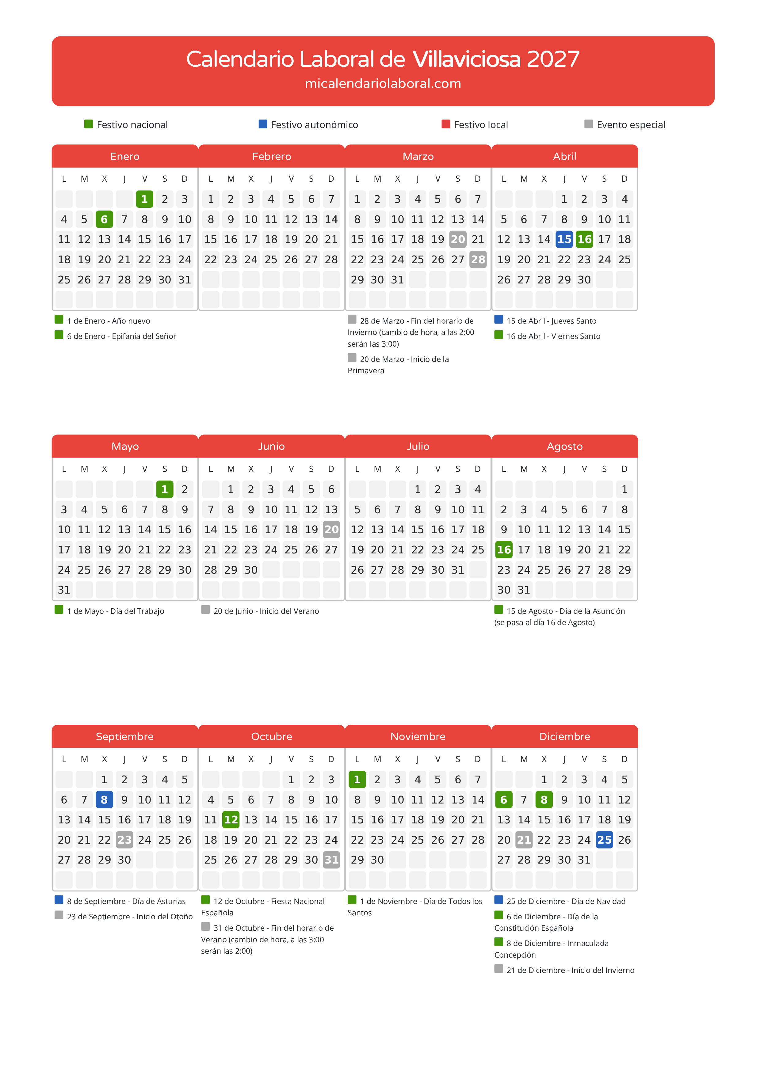 Calendario Laboral de Villaviciosa 2027 - Días festivos - Descubre todos los festivos, días no laborables y días inhábiles en el calendario de Villaviciosa propuestos por Gobierno del Principado de Asturias. Organiza tus vacaciones y puentes en 2027.