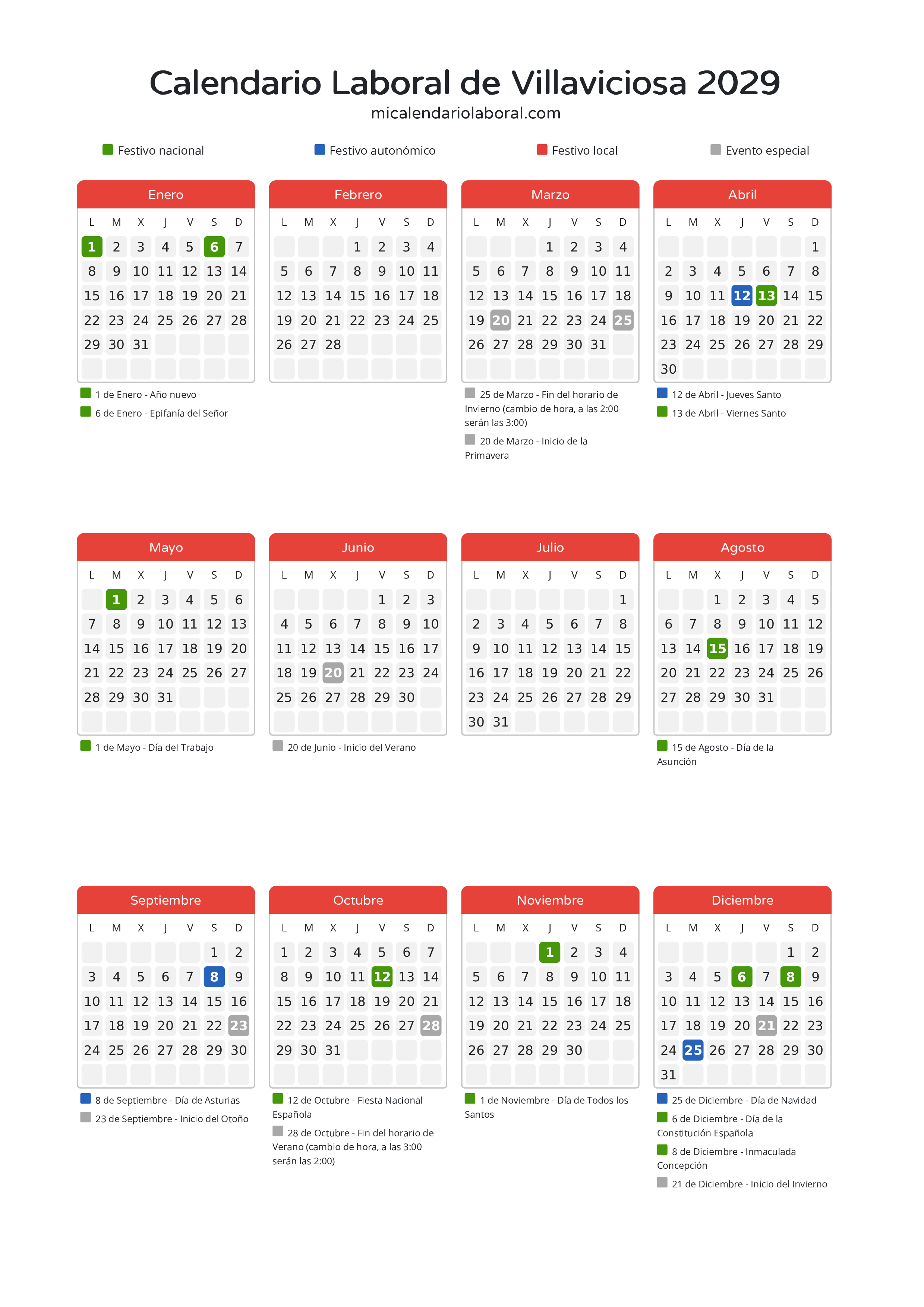 Calendario Laboral de Villaviciosa 2029 - Días festivos - Descubre todos los festivos, días no laborables y días inhábiles en el calendario de Villaviciosa propuestos por Gobierno del Principado de Asturias. Organiza tus vacaciones y puentes en 2029.