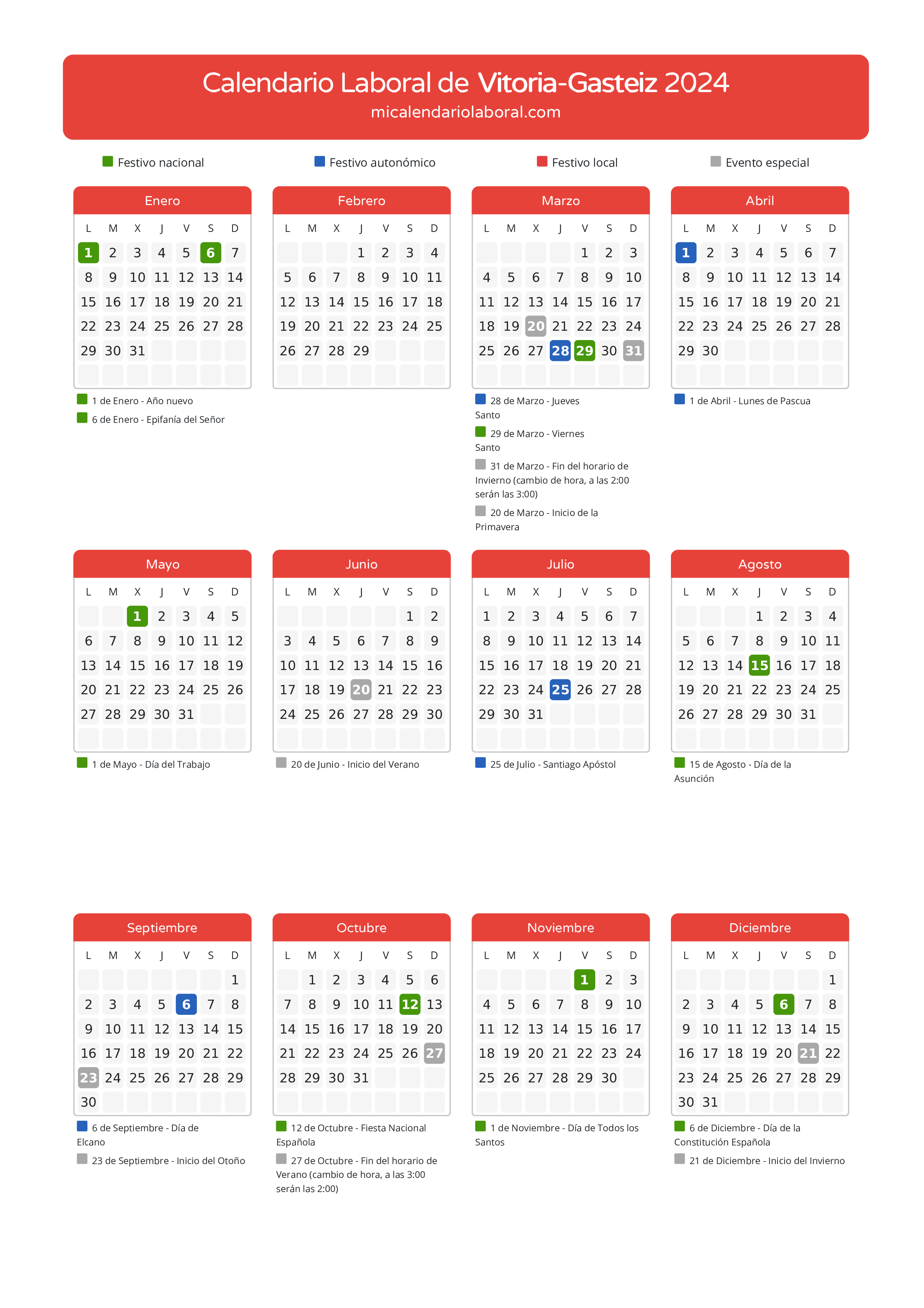 Calendario Laboral de Vitoria-Gasteiz 2024 - Días festivos - Descubre todos los festivos, días no laborables y días inhábiles en el calendario de la provincia de Vitoria-Gasteiz propuestos por Gobierno Vasco. Anticípate a los eventos y organiza tus vacaciones y puentes en 2024.