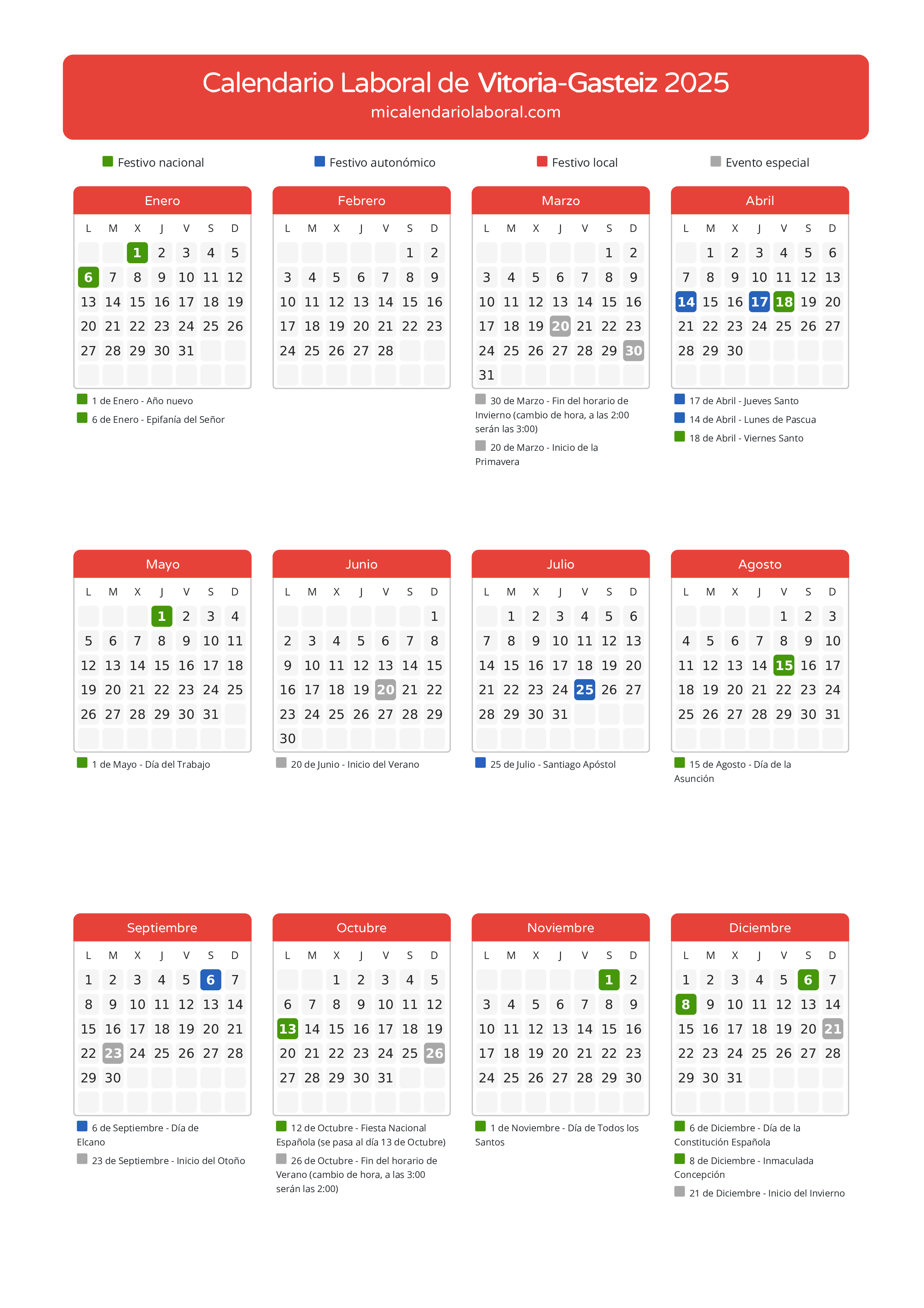 Calendario Laboral de Vitoria-Gasteiz 2025 - Días festivos - Descubre todos los festivos, días no laborables y días inhábiles en el calendario de la provincia de Vitoria-Gasteiz propuestos por Gobierno Vasco. Anticípate a los eventos y organiza tus vacaciones y puentes en 2025.