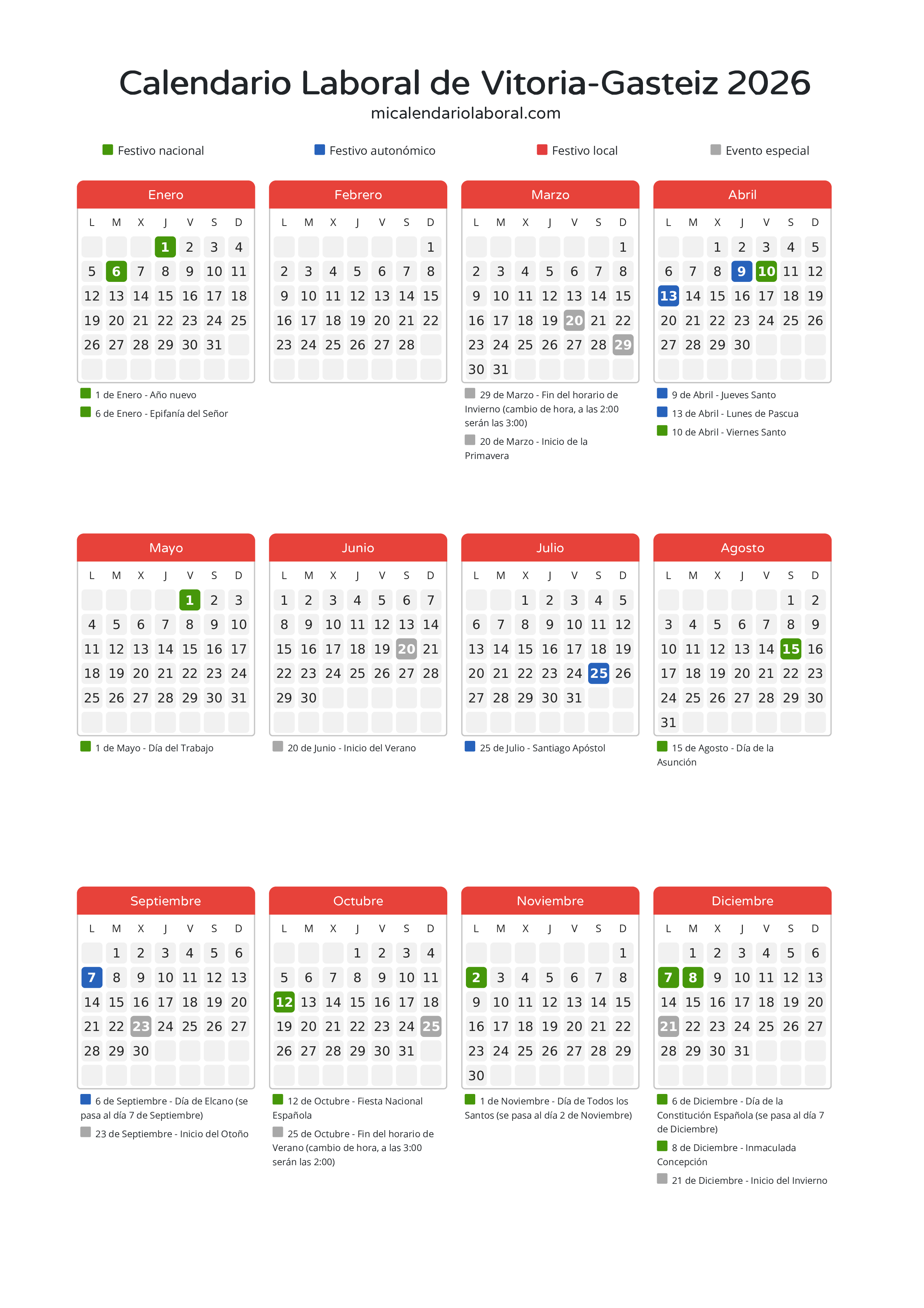Calendario Laboral de Vitoria-Gasteiz 2026 - Días festivos - Todos los festivos y días no laborables del calendario de Vitoria-Gasteiz propuestos por Gobierno Vasco. Organiza tus vacaciones y puentes en 2026.