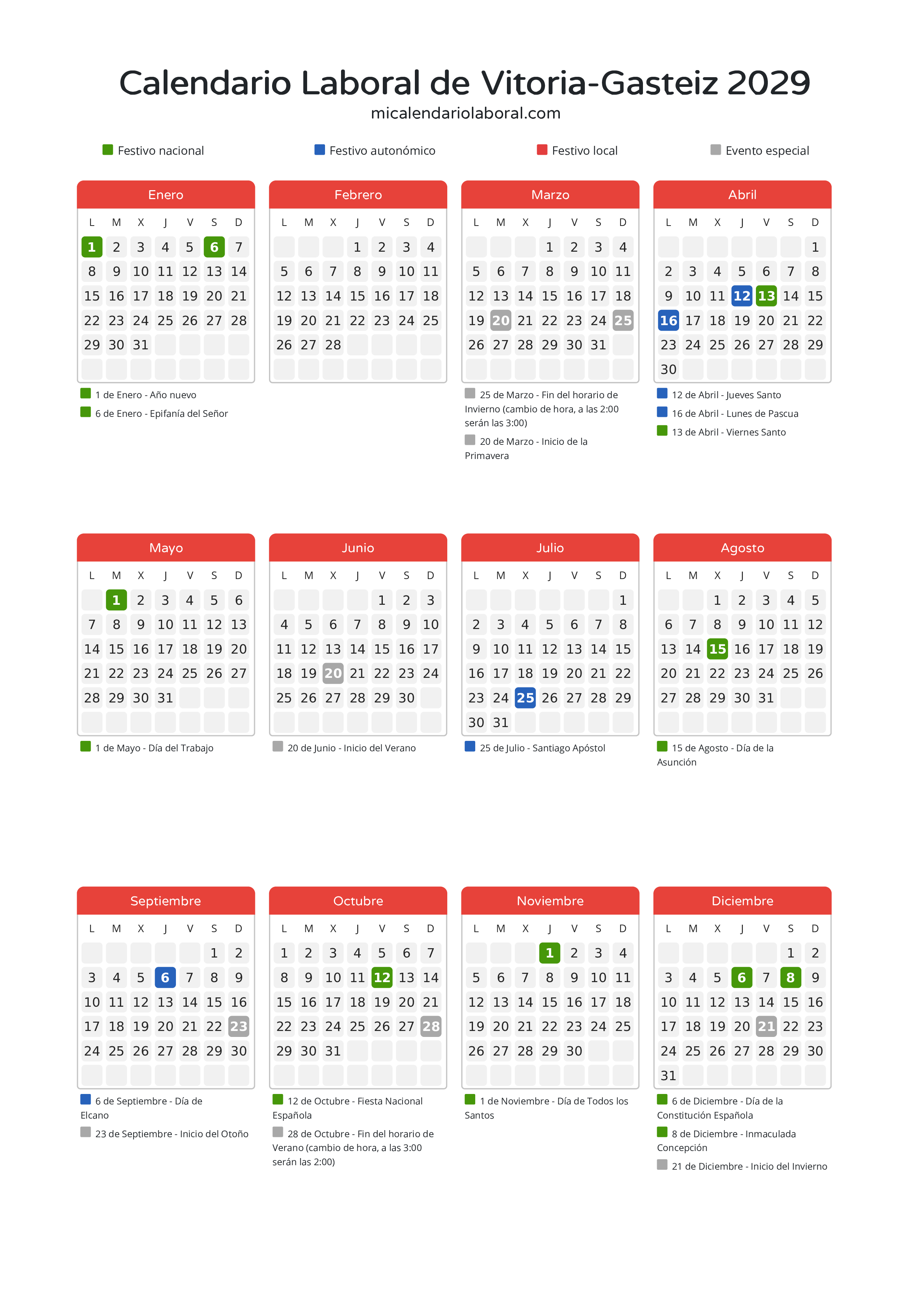 Calendario Laboral de Vitoria-Gasteiz 2029 - Días festivos - Todos los festivos y días no laborables del calendario de Vitoria-Gasteiz propuestos por Gobierno Vasco. Organiza tus vacaciones y puentes en 2029.