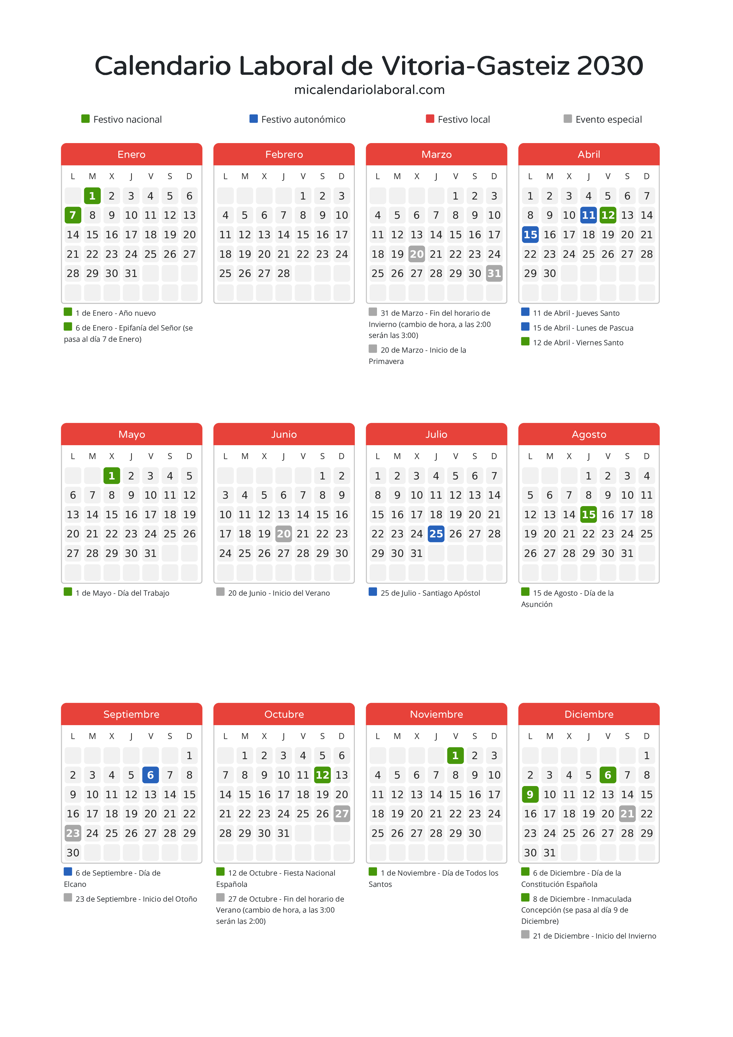 Calendario Laboral de Vitoria-Gasteiz 2030 - Días festivos - Todos los festivos y días no laborables del calendario de Vitoria-Gasteiz propuestos por Gobierno Vasco. Organiza tus vacaciones y puentes en 2030.