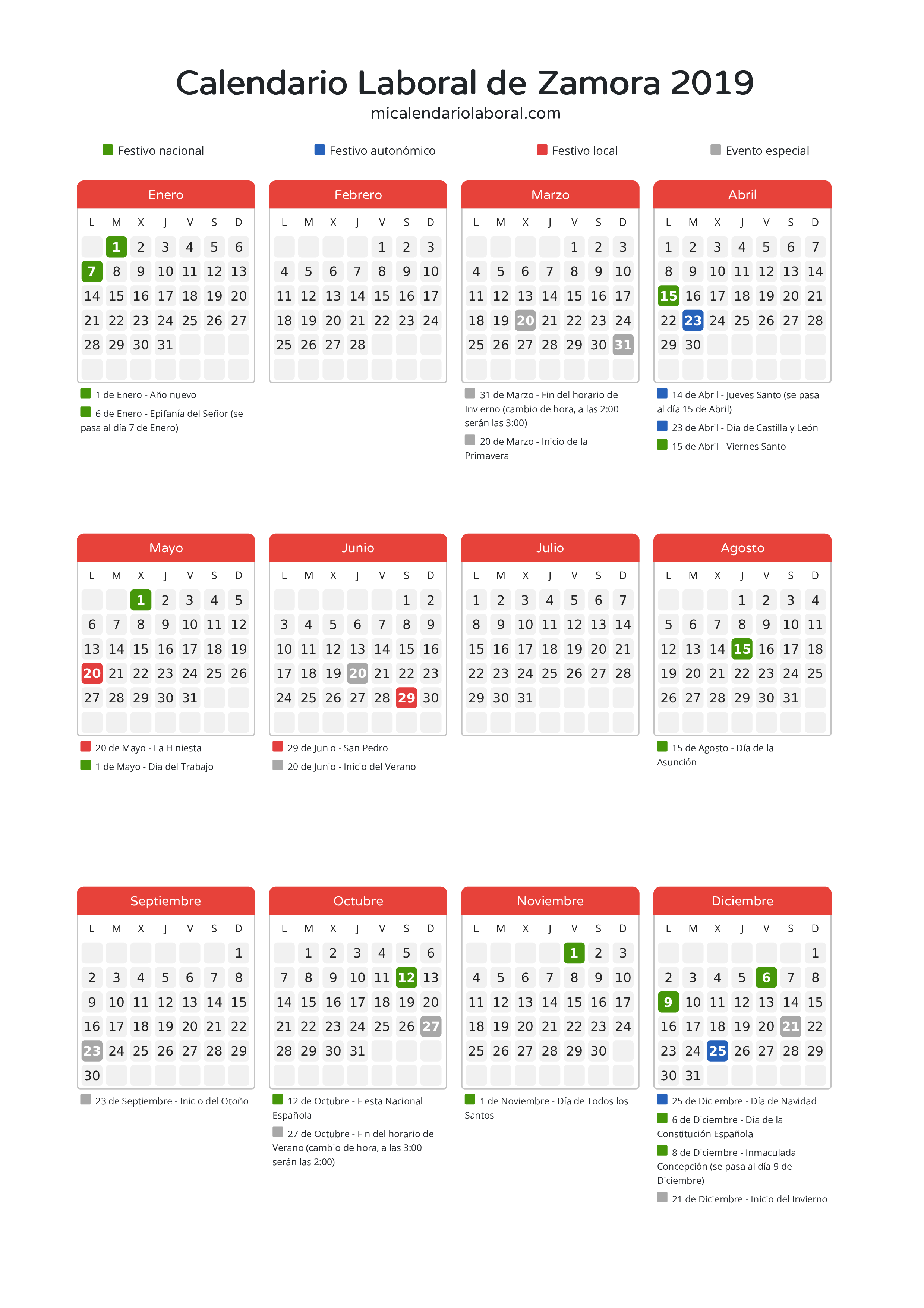 Calendario Laboral de Zamora 2019 - Días festivos - Descubre todos los festivos, días no laborables y días inhábiles en el calendario de Zamora propuestos por Junta de Castilla y León. Organiza tus vacaciones y puentes en 2019.