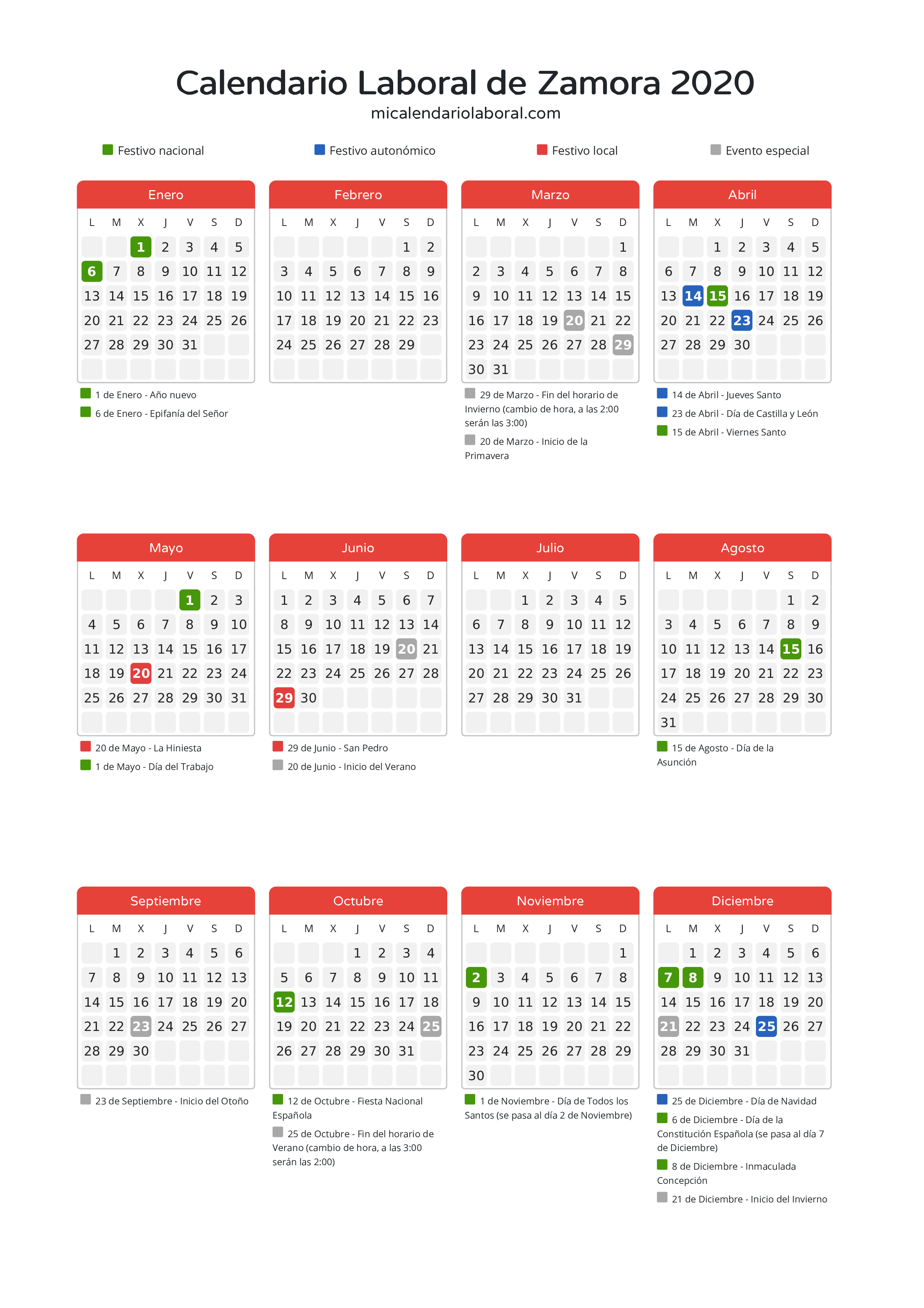 Calendario Laboral de Zamora 2020 - Días festivos - Descubre todos los festivos, días no laborables y días inhábiles en el calendario de Zamora propuestos por Junta de Castilla y León. Organiza tus vacaciones y puentes en 2020.