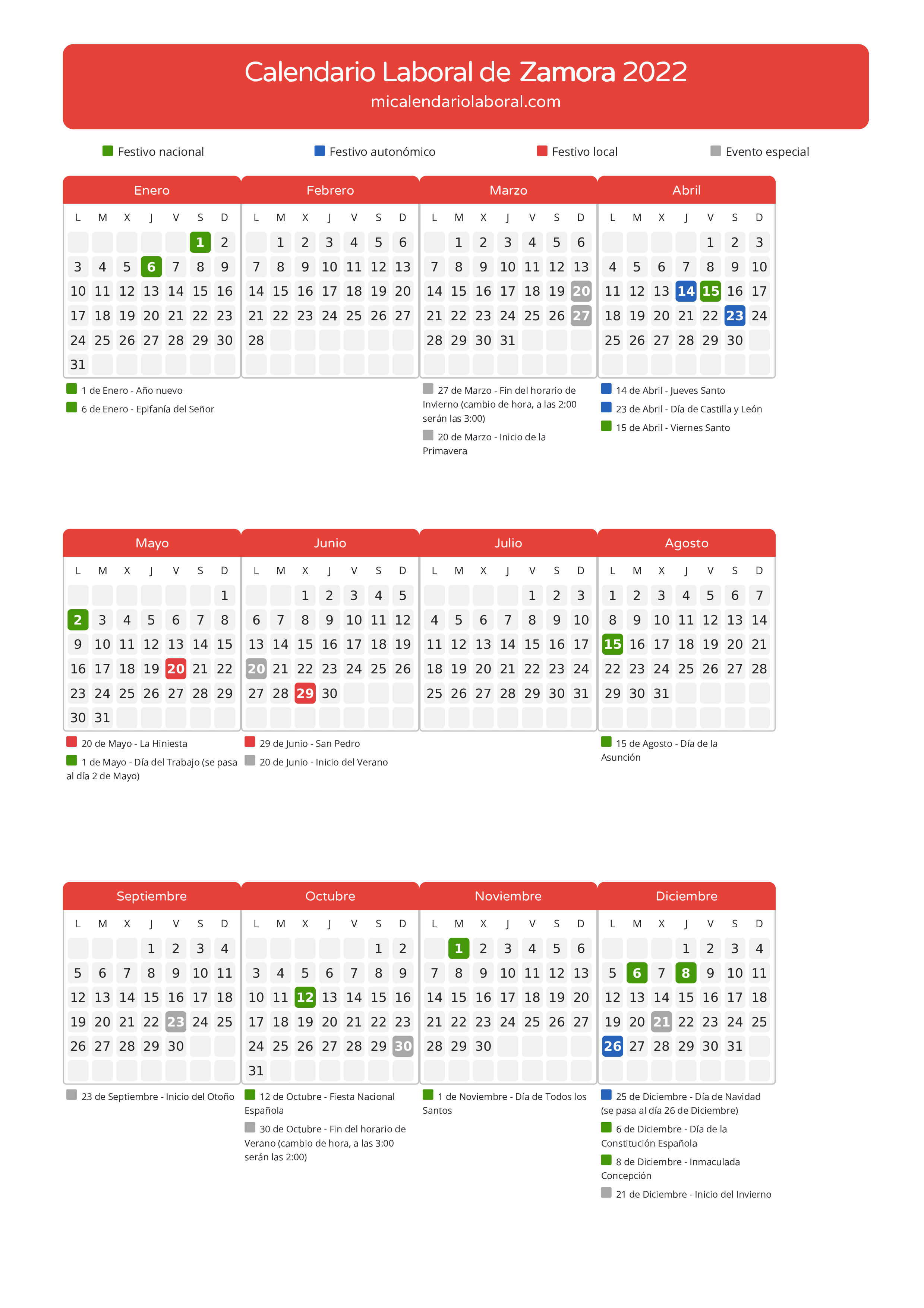 Calendario Laboral de Zamora 2022 - Días festivos - Descubre todos los festivos, días no laborables y días inhábiles en el calendario de Zamora propuestos por Junta de Castilla y León. Organiza tus vacaciones y puentes en 2022.