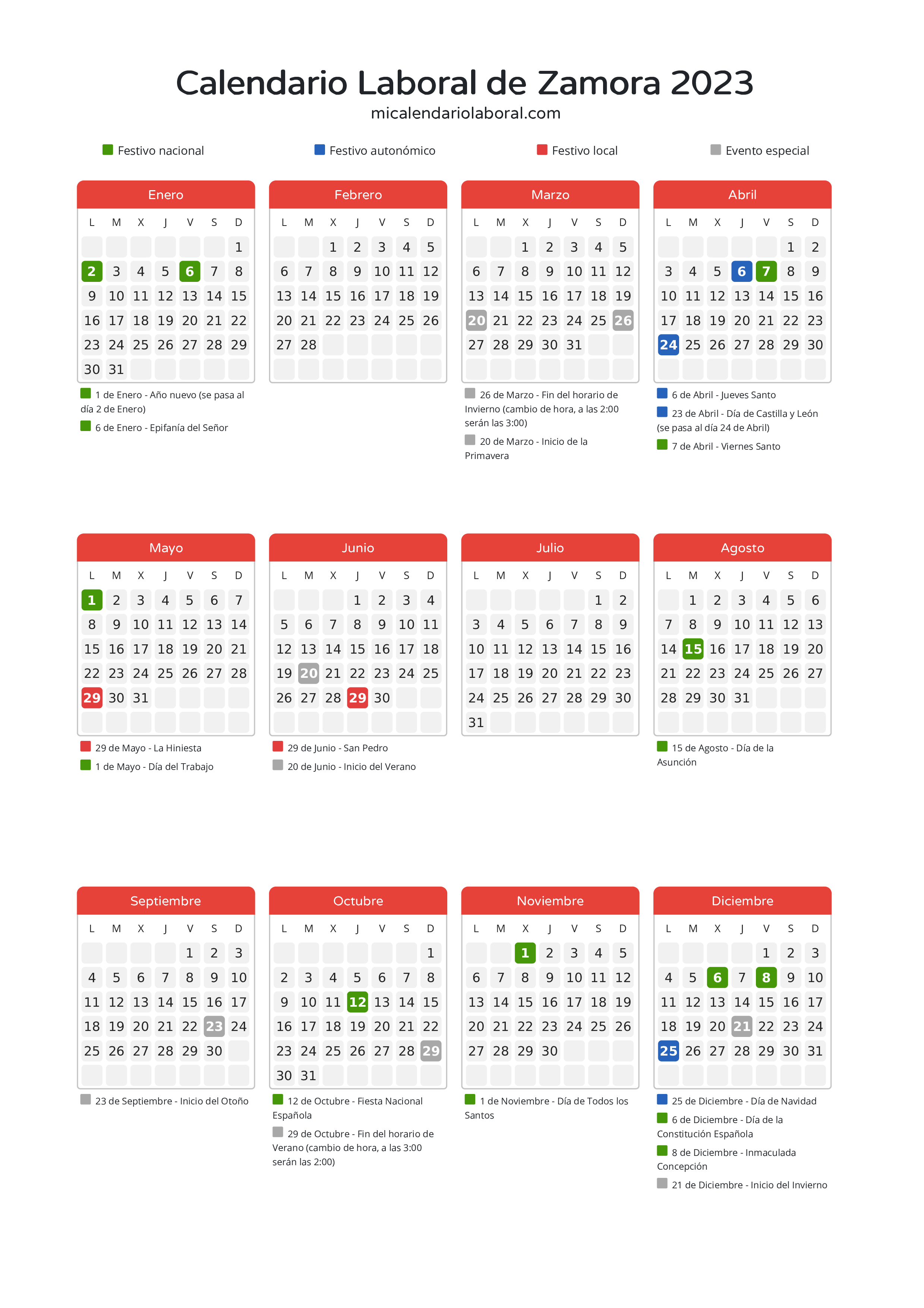Calendario Laboral de Zamora 2023 - Días festivos - Descubre todos los festivos, días no laborables y días inhábiles en el calendario de la provincia de Zamora propuestos por Junta de Castilla y León. Anticípate a los eventos y organiza tus vacaciones y puentes en 2023.