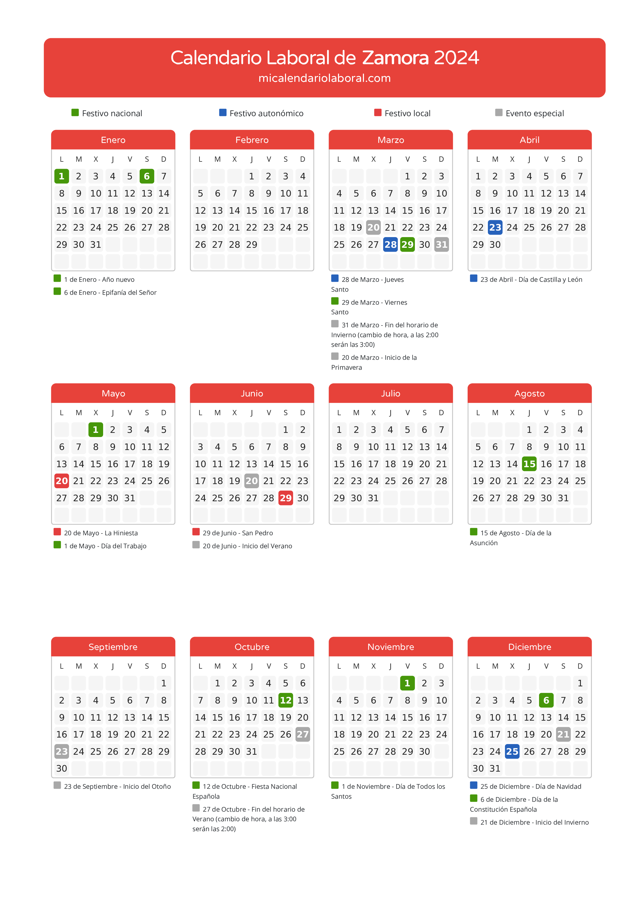 Calendario Laboral de Zamora 2024 - Días festivos - Descubre todos los festivos, días no laborables y días inhábiles en el calendario de la provincia de Zamora propuestos por Junta de Castilla y León. Anticípate a los eventos y organiza tus vacaciones y puentes en 2024.