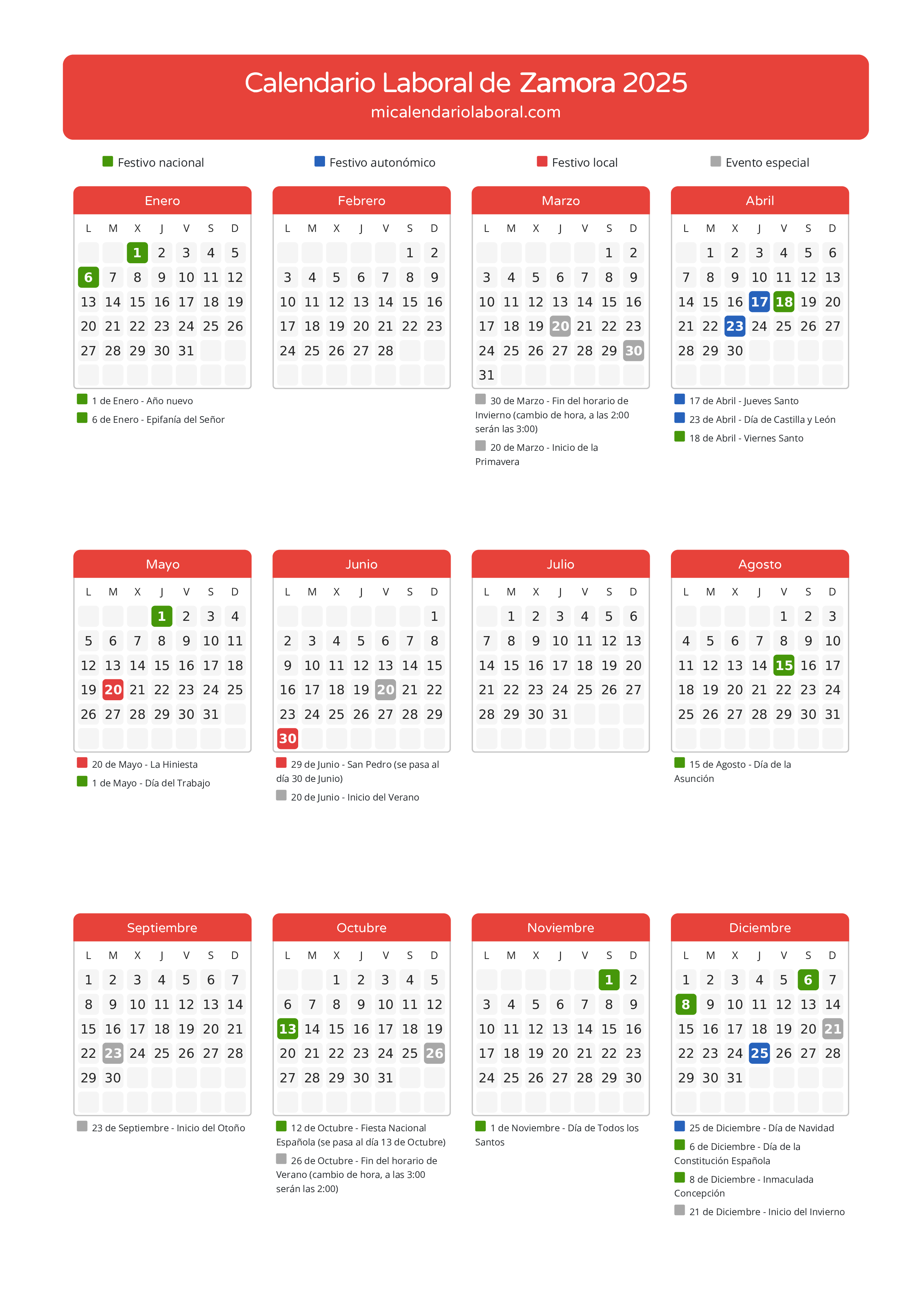 Calendario Laboral de Zamora 2025 - Días festivos - Descubre todos los festivos, días no laborables y días inhábiles en el calendario de la provincia de Zamora propuestos por Junta de Castilla y León. Anticípate a los eventos y organiza tus vacaciones y puentes en 2025.