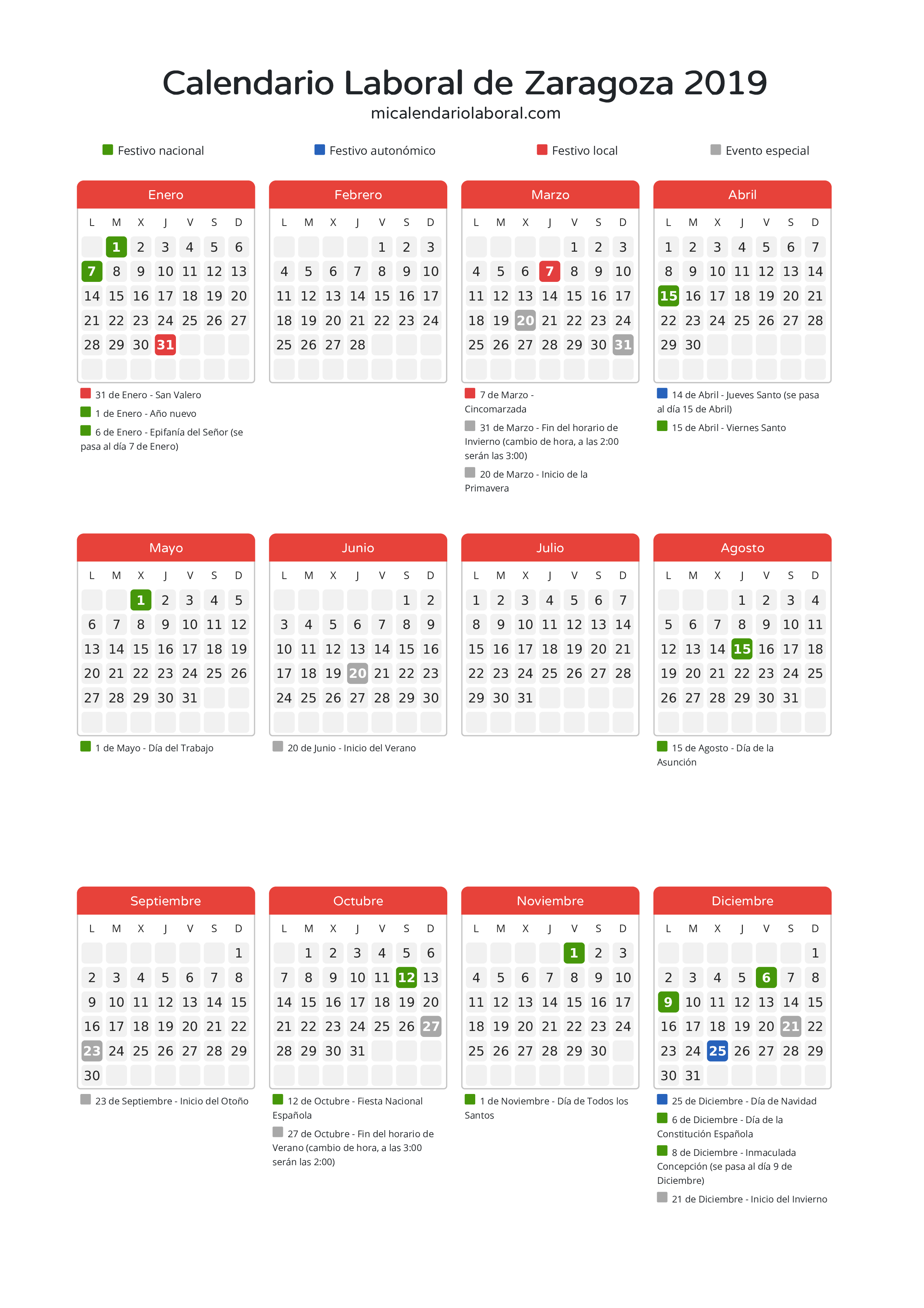 Calendario Laboral de Zaragoza 2019 - Días festivos - Descubre todos los festivos, días no laborables y días inhábiles en el calendario de Zaragoza propuestos por Gobierno de Aragón. Organiza tus vacaciones y puentes en 2019.