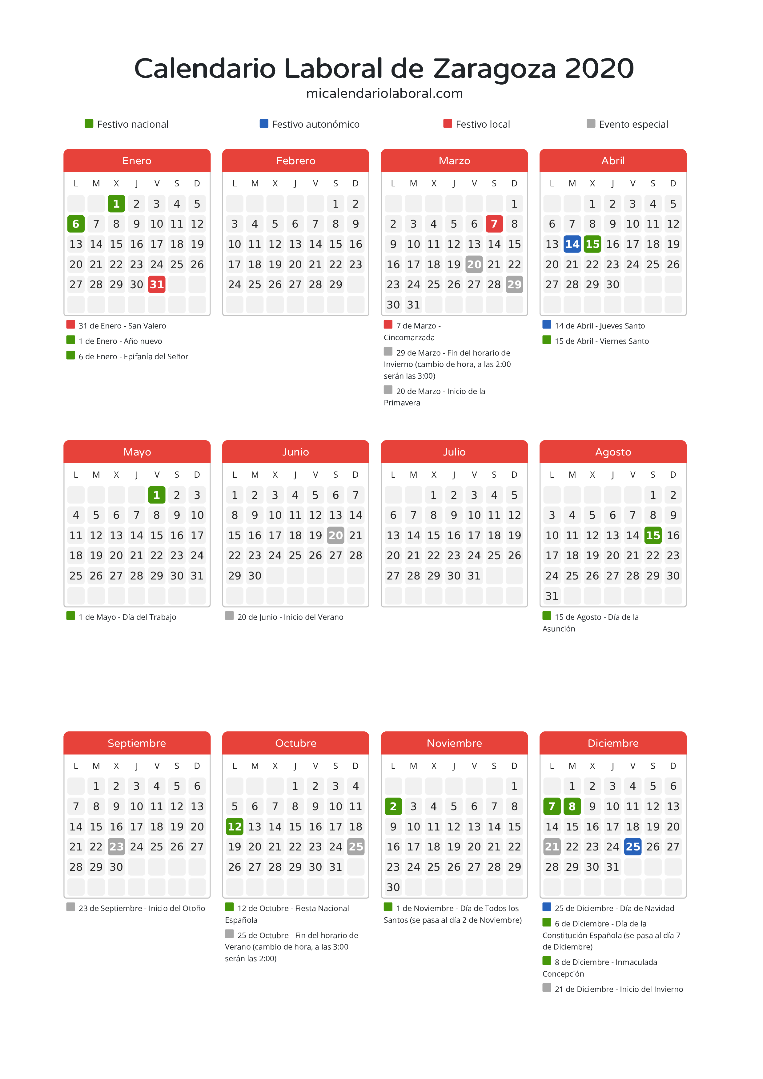 Calendario Laboral de Zaragoza 2020 - Días festivos - Descubre todos los festivos, días no laborables y días inhábiles en el calendario de Zaragoza propuestos por Gobierno de Aragón. Organiza tus vacaciones y puentes en 2020.