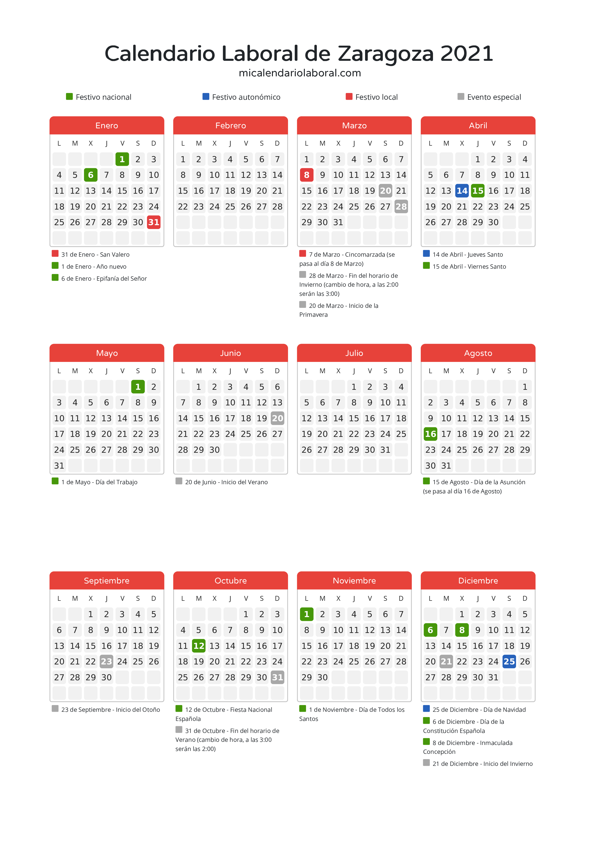 Calendario Laboral de Zaragoza 2021 - Días festivos - Descubre todos los festivos, días no laborables y días inhábiles en el calendario de Zaragoza propuestos por Gobierno de Aragón. Organiza tus vacaciones y puentes en 2021.