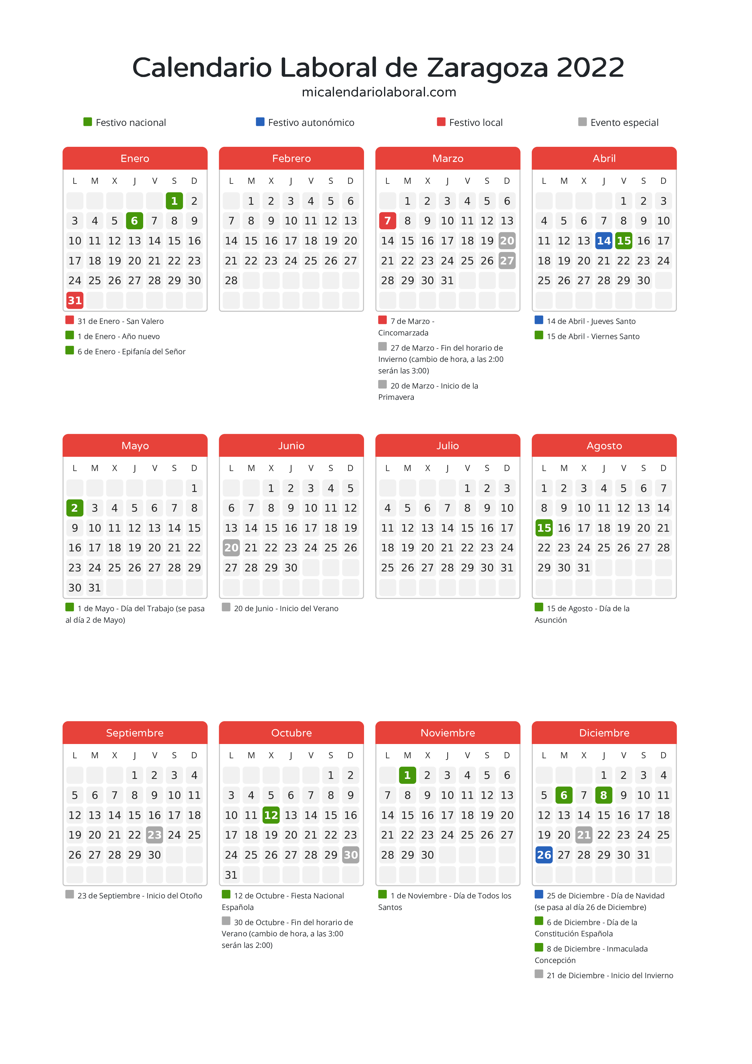 Calendario Laboral de Zaragoza 2022 - Días festivos - Descubre todos los festivos, días no laborables y días inhábiles en el calendario de Zaragoza propuestos por Gobierno de Aragón. Organiza tus vacaciones y puentes en 2022.