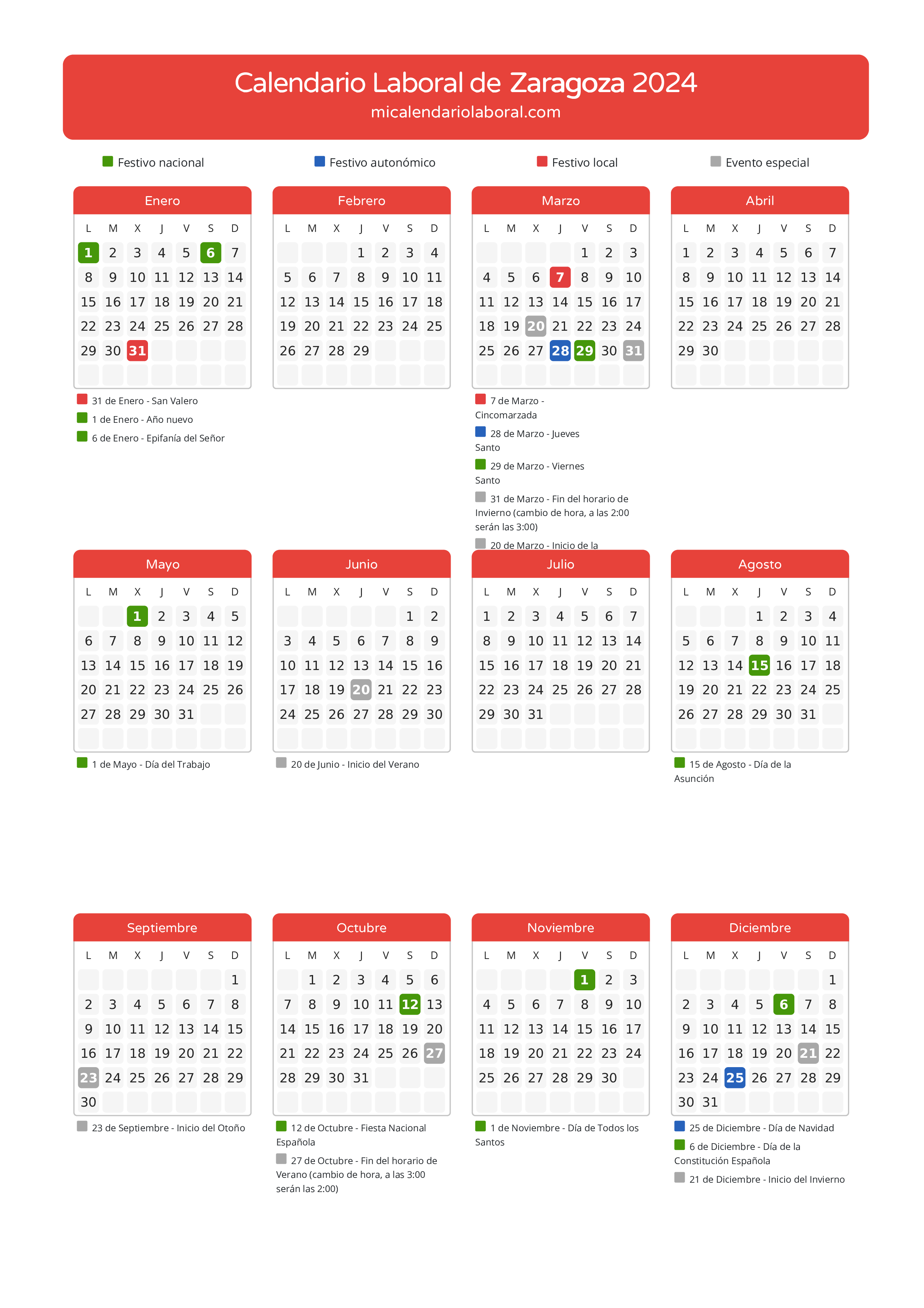 Calendario Laboral de Zaragoza 2024 - Días festivos - Descubre todos los festivos, días no laborables y días inhábiles en el calendario de la provincia de Zaragoza propuestos por Gobierno de Aragón. Anticípate a los eventos y organiza tus vacaciones y puentes en 2024.