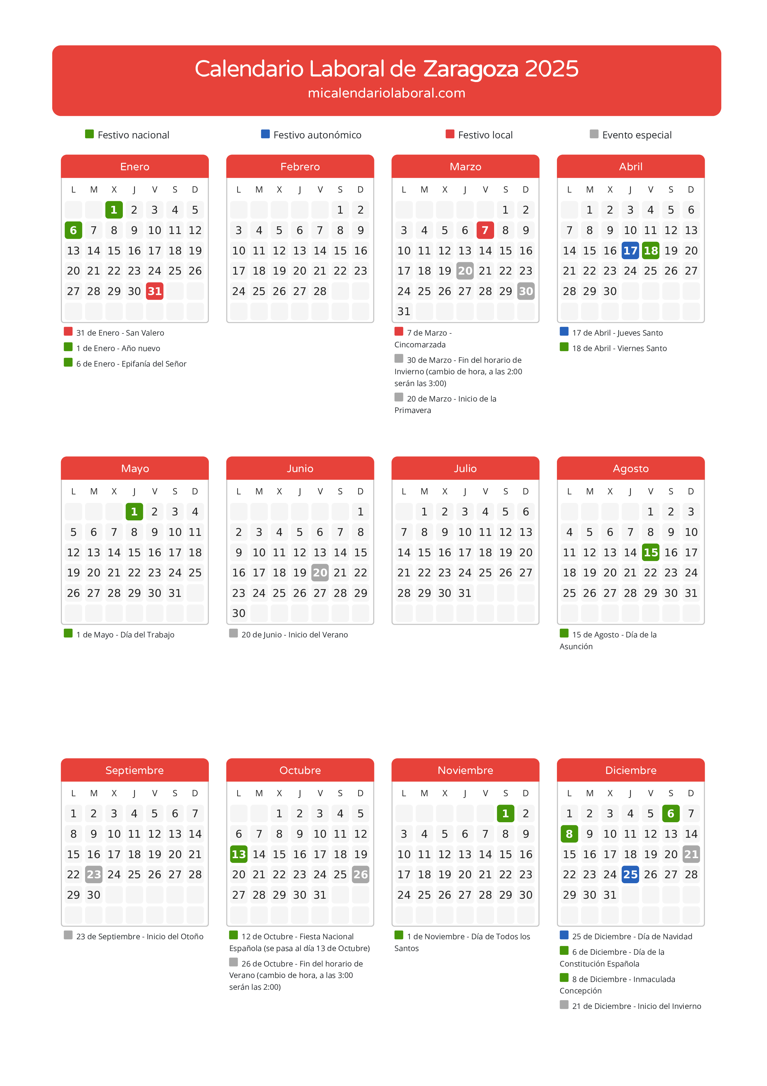 Calendario Laboral de Zaragoza 2025 - Días festivos - Descubre todos los festivos, días no laborables y días inhábiles en el calendario de la provincia de Zaragoza propuestos por Gobierno de Aragón. Anticípate a los eventos y organiza tus vacaciones y puentes en 2025.