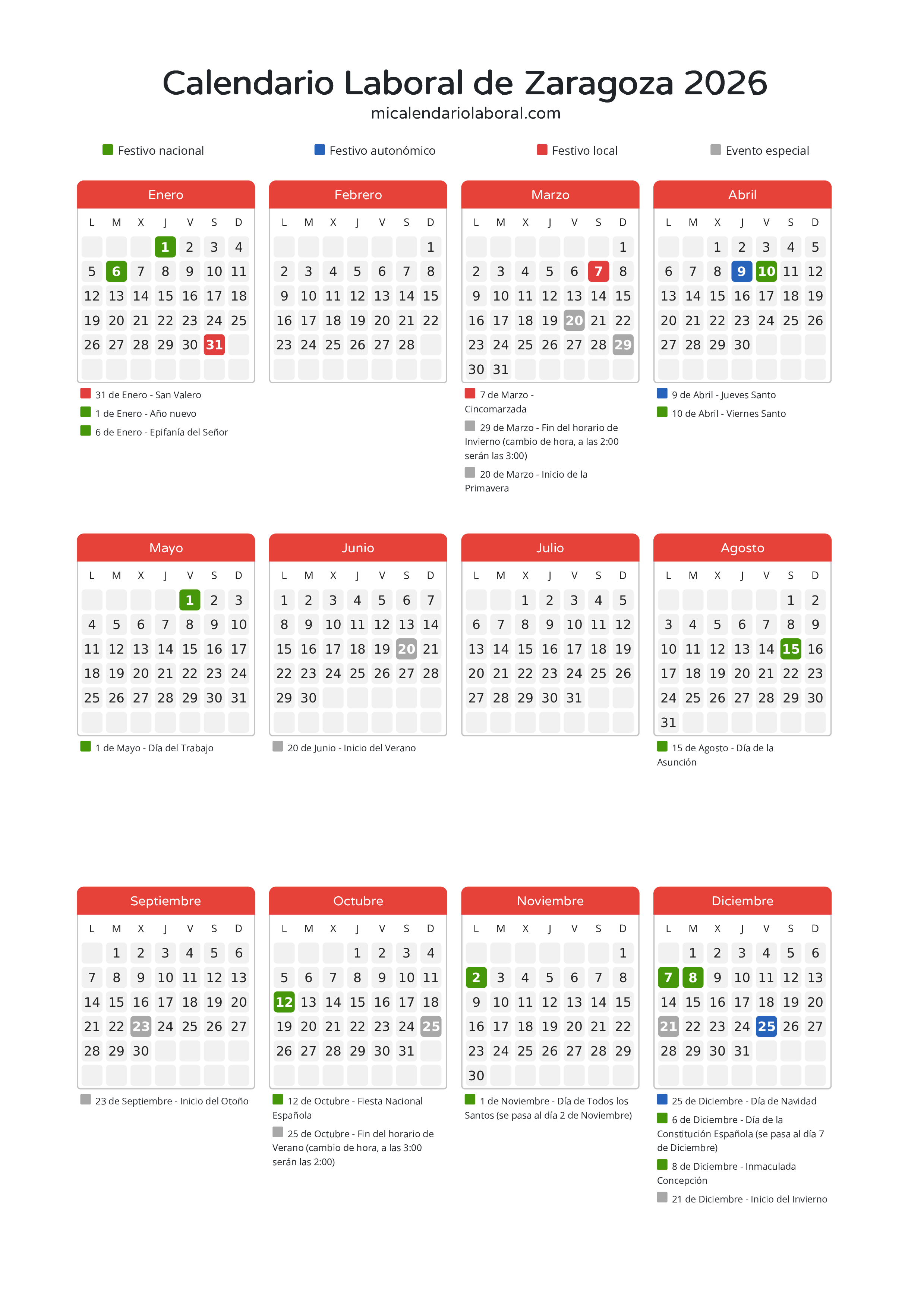 Calendario Laboral de Zaragoza 2026 - Días festivos - Descubre todos los festivos, días no laborables y días inhábiles en el calendario de Zaragoza propuestos por Gobierno de Aragón. Organiza tus vacaciones y puentes en 2026.