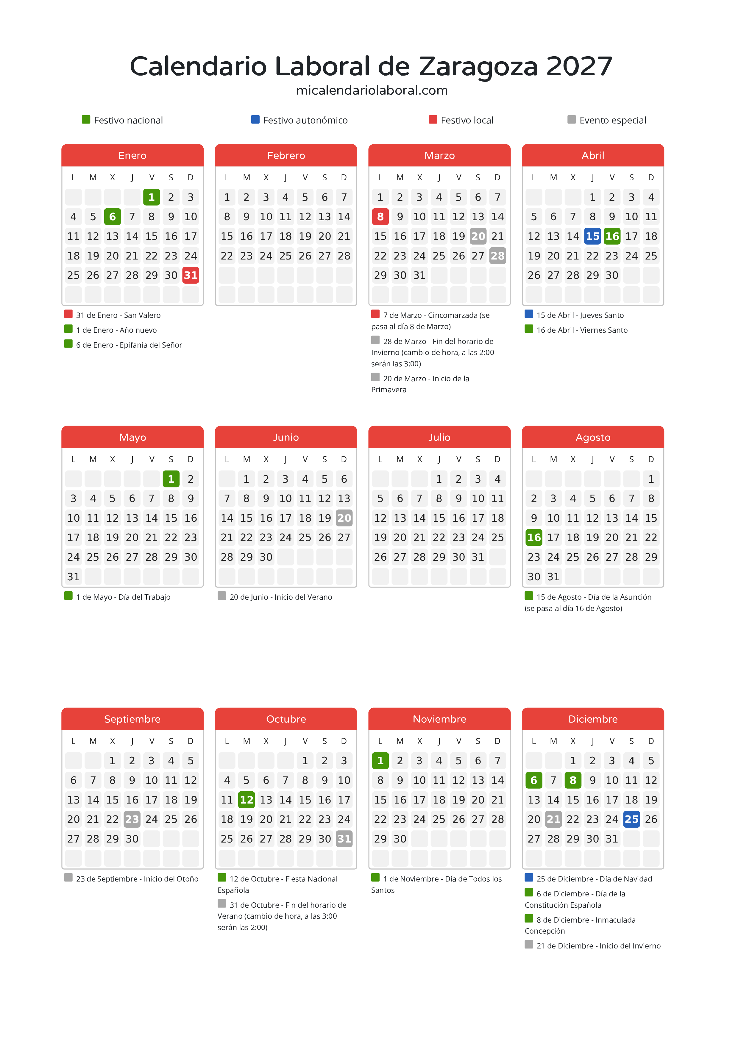 Calendario Laboral de Zaragoza 2027 - Días festivos - Descubre todos los festivos, días no laborables y días inhábiles en el calendario de Zaragoza propuestos por Gobierno de Aragón. Organiza tus vacaciones y puentes en 2027.