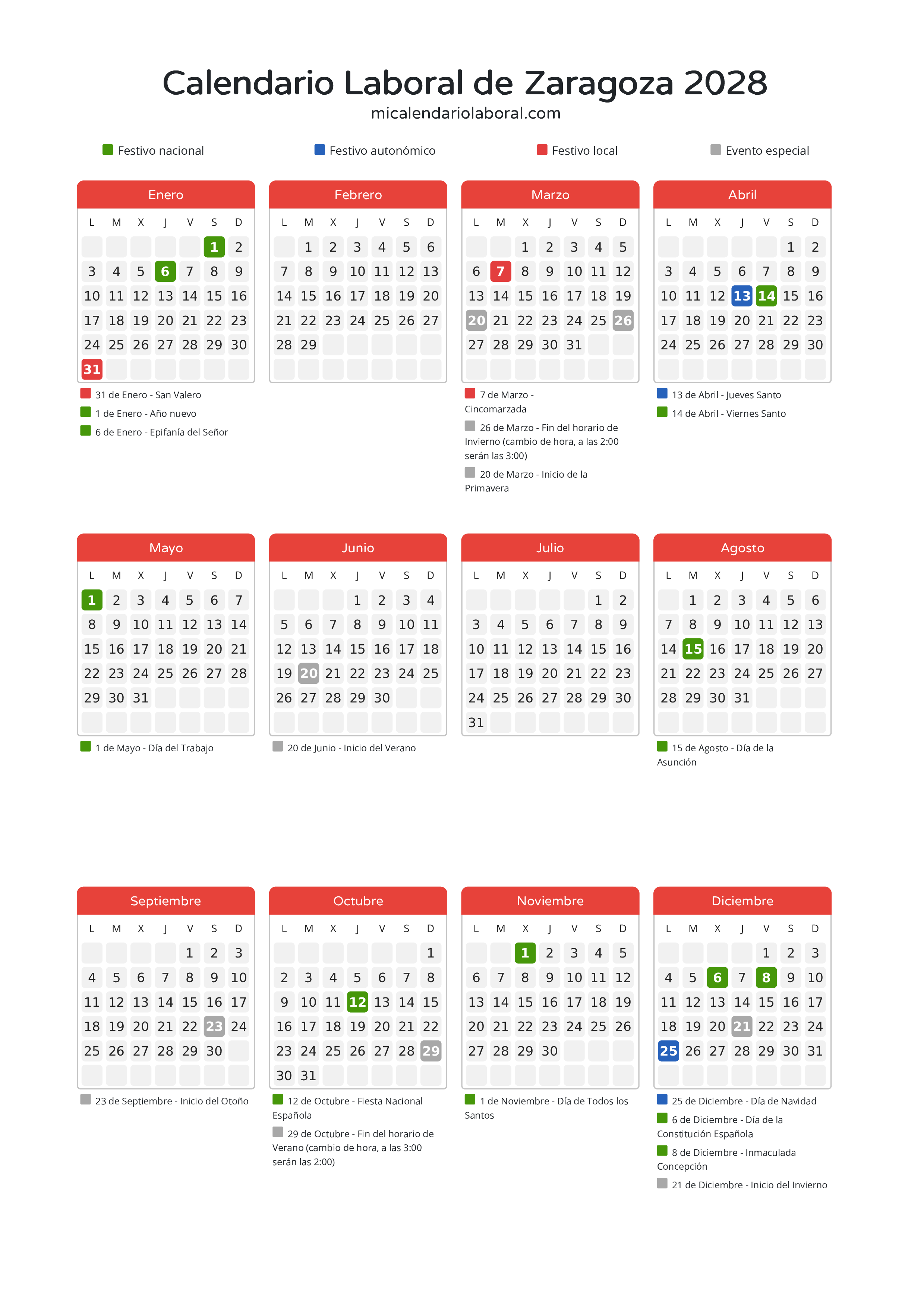 Calendario Laboral de Zaragoza 2028 - Días festivos - Descubre todos los festivos, días no laborables y días inhábiles en el calendario de Zaragoza propuestos por Gobierno de Aragón. Organiza tus vacaciones y puentes en 2028.