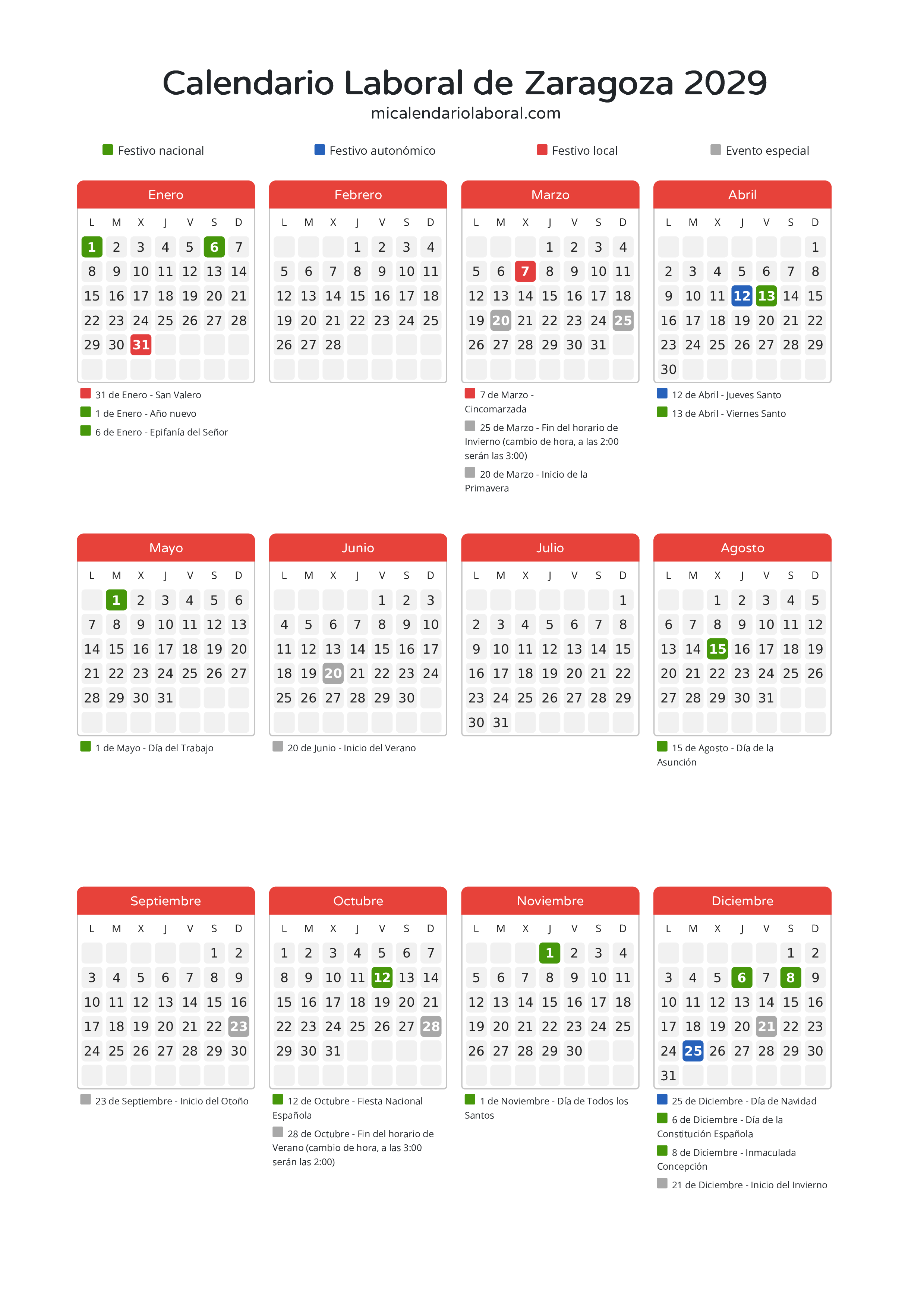 Calendario Laboral de Zaragoza 2029 - Días festivos - Descubre todos los festivos, días no laborables y días inhábiles en el calendario de Zaragoza propuestos por Gobierno de Aragón. Organiza tus vacaciones y puentes en 2029.