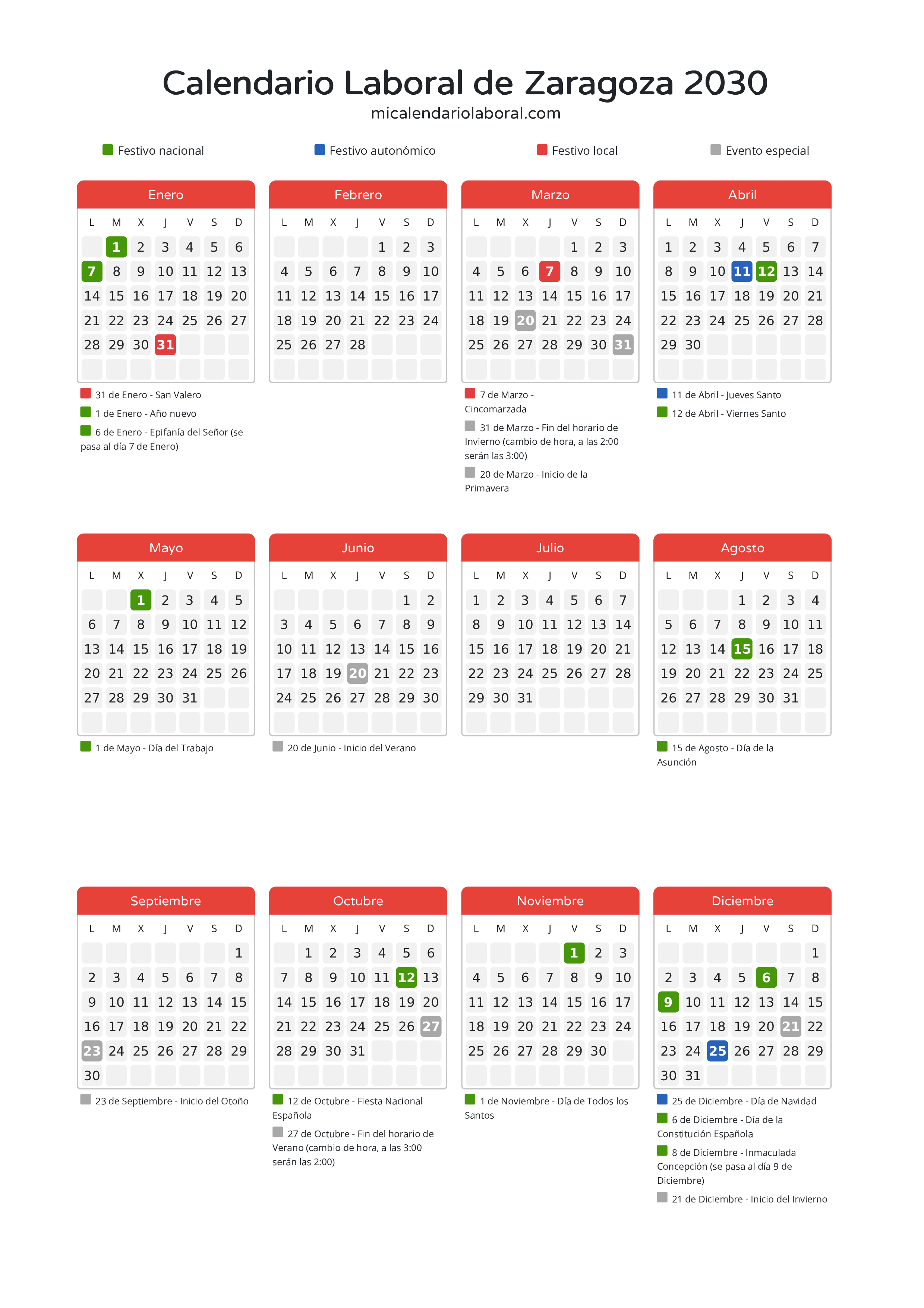 Calendario Laboral de Zaragoza 2030 - Días festivos - Todos los festivos y días no laborables del calendario de Zaragoza propuestos por Gobierno de Aragón. Organiza tus vacaciones y puentes en 2030.